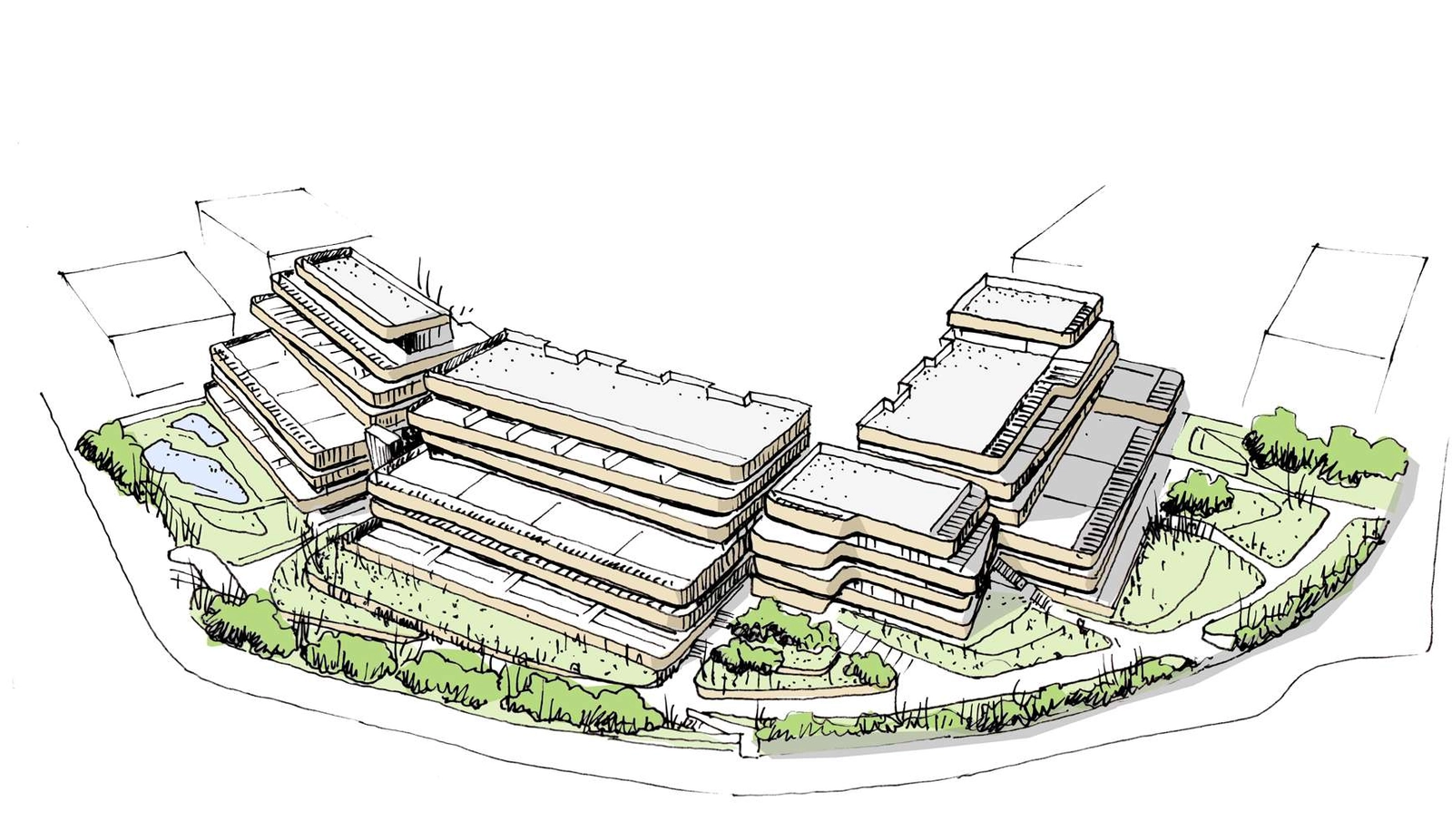 Architektonische Skizze, die das elegante Design und die Integration der Anlage in die Landschaft veranschaulicht.