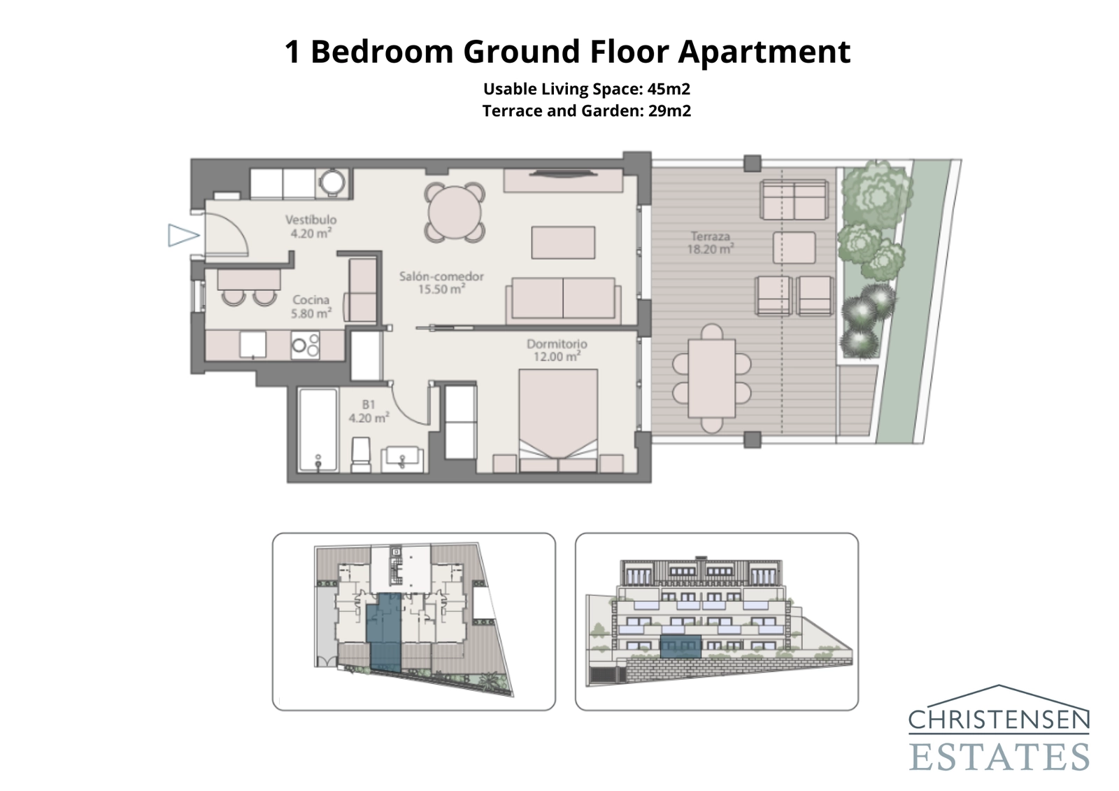 Dieser Grundriss einer Erdgeschosswohnung mit einem Schlafzimmer bietet ein cleveres Design, das den Wohnbereich mit einer privaten Terrasse und einem Garten verbindet.