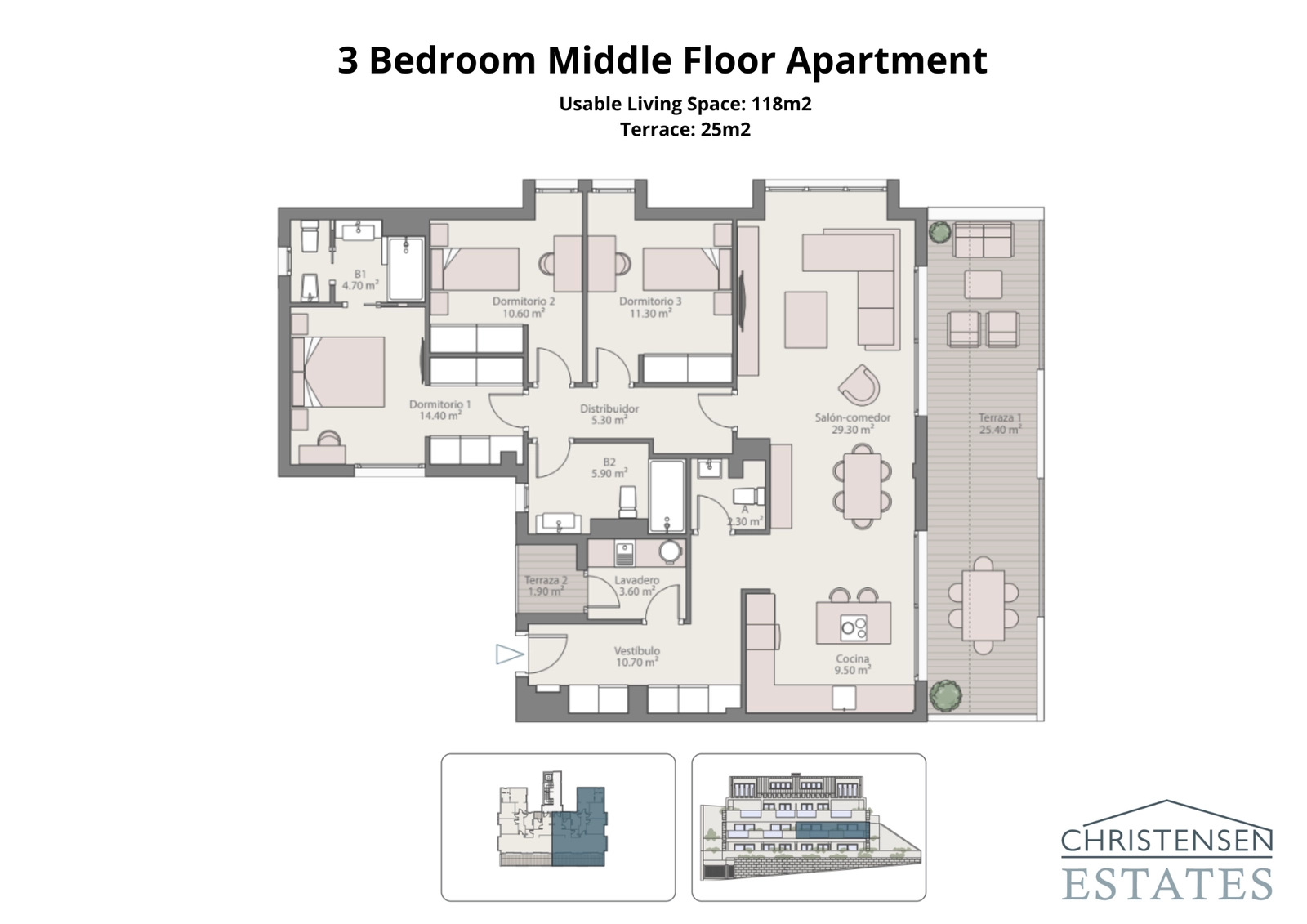 Ein geräumiger Grundriss einer Dreizimmerwohnung, mit einem großzügigen Wohnbereich und zwei Terrassen für ein Wohngefühl im Innen- und Außenbereich.