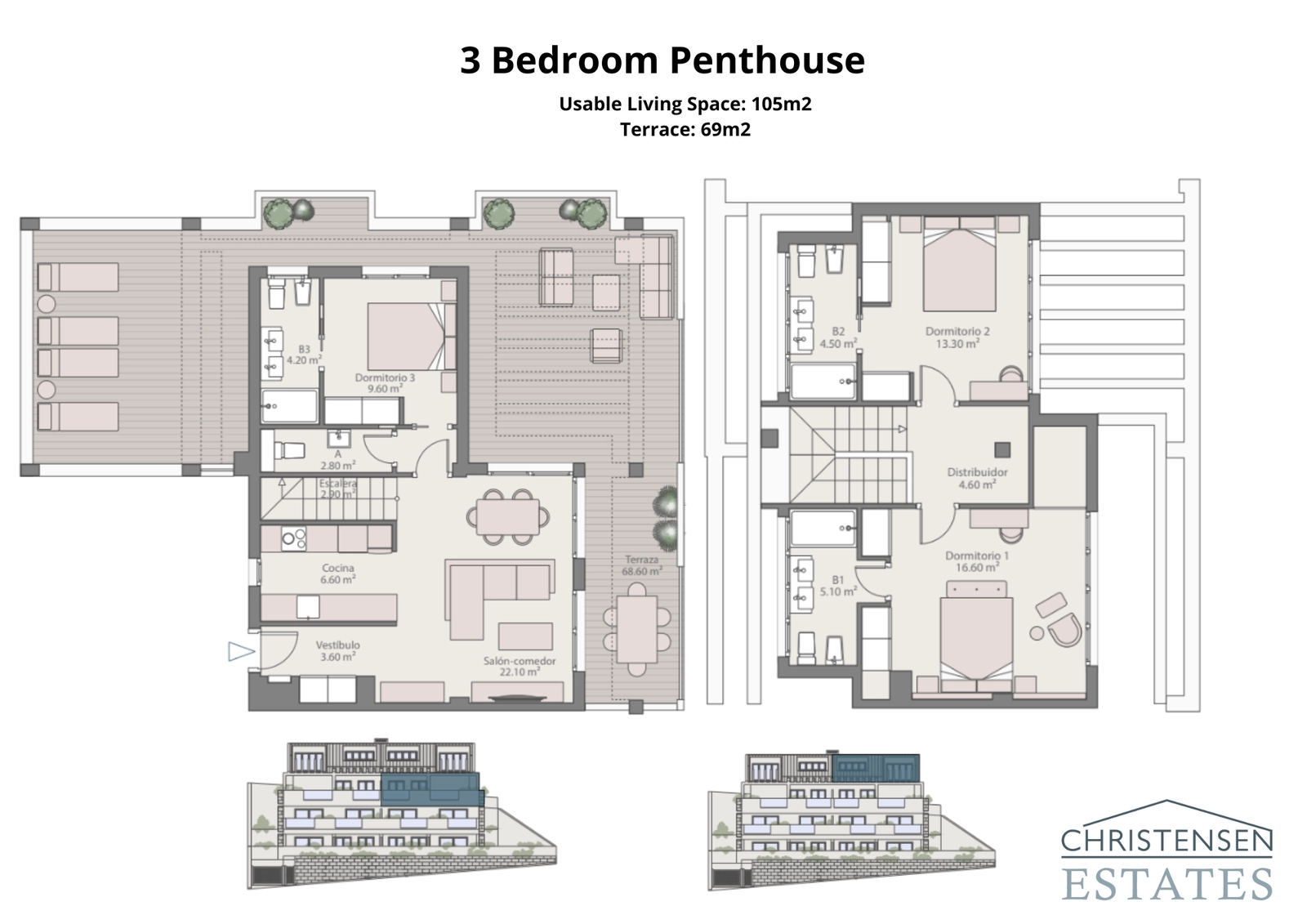 Der außergewöhnliche Grundriss einer Dreizimmer-Maisonette-Dachgeschosswohnung, mit weitläufigen Terrassen, um den Panoramablick über die Costa del Sol zu genießen.
