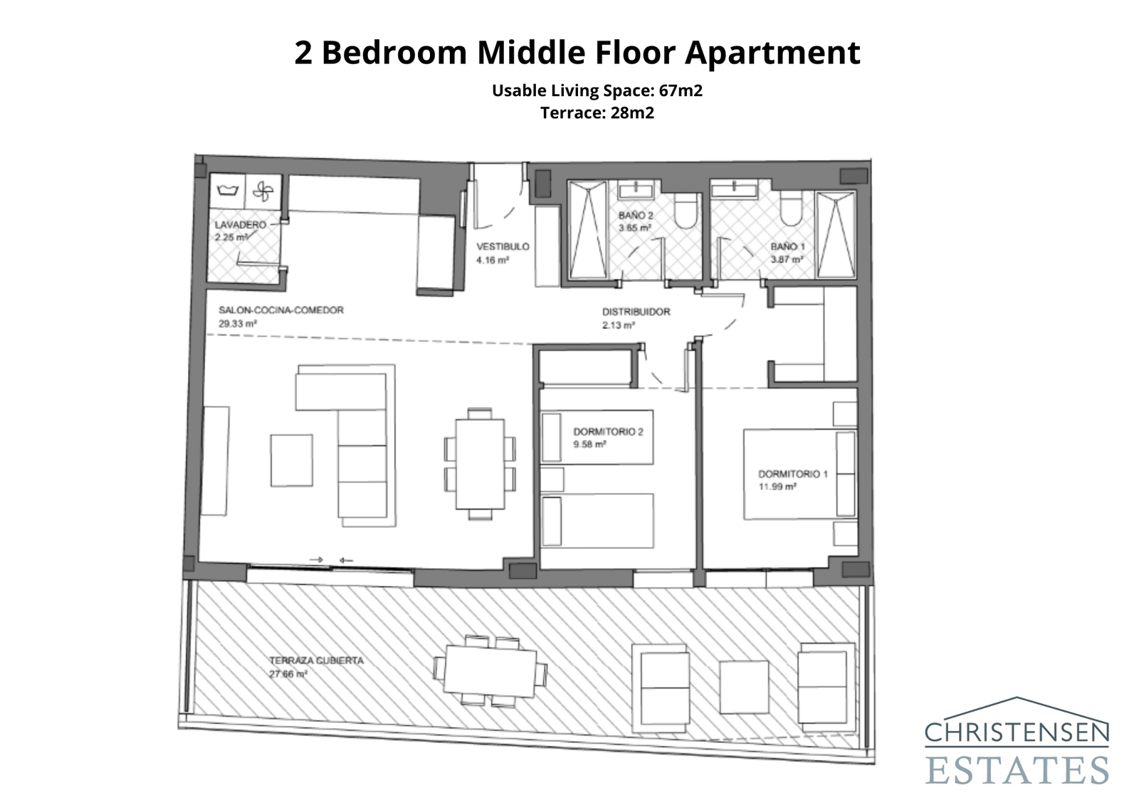 Dieses Apartment mit zwei Schlafzimmern verfügt über einen offenen Wohnbereich, der auf eine großzügige Terrasse führt – perfekt für ein Leben drinnen und draußen.