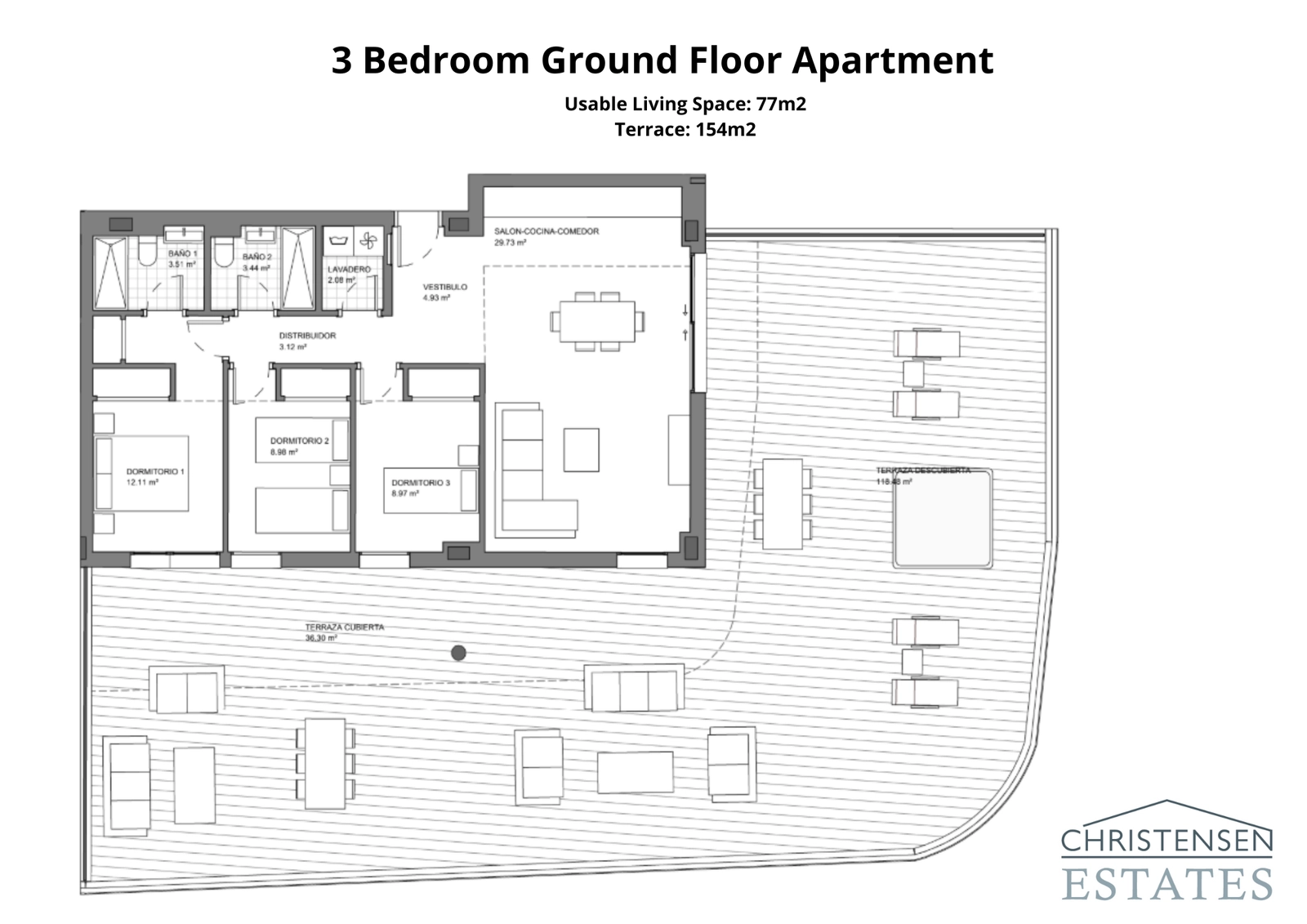 Der Grundriss für eine Erdgeschosswohnung mit drei Schlafzimmern, die weitläufige Innenräume zeigt, die mit einer sehr großen Terrasse und einem privaten Garten verbunden sind.