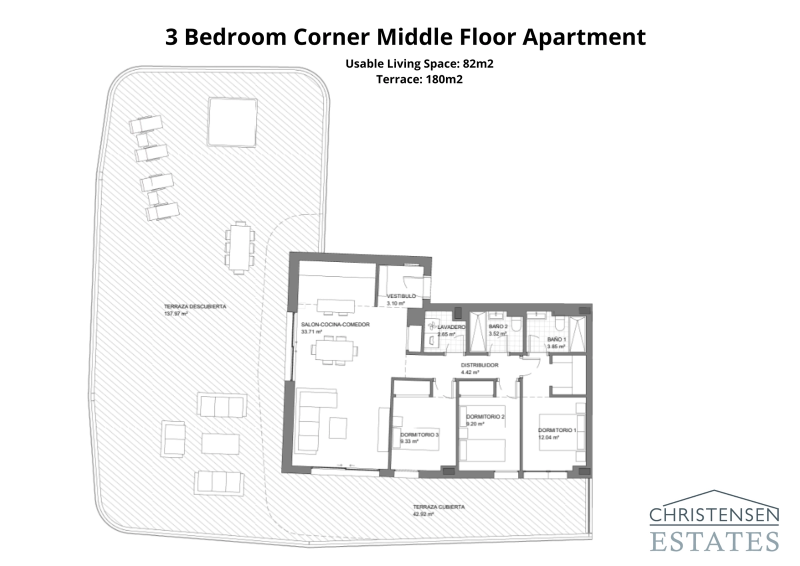 Dieses geräumige Eckapartment mit drei Schlafzimmern profitiert von einer beeindruckenden umlaufenden Terrasse, die mehrere Bereiche zum Entspannen und Speisen bietet.