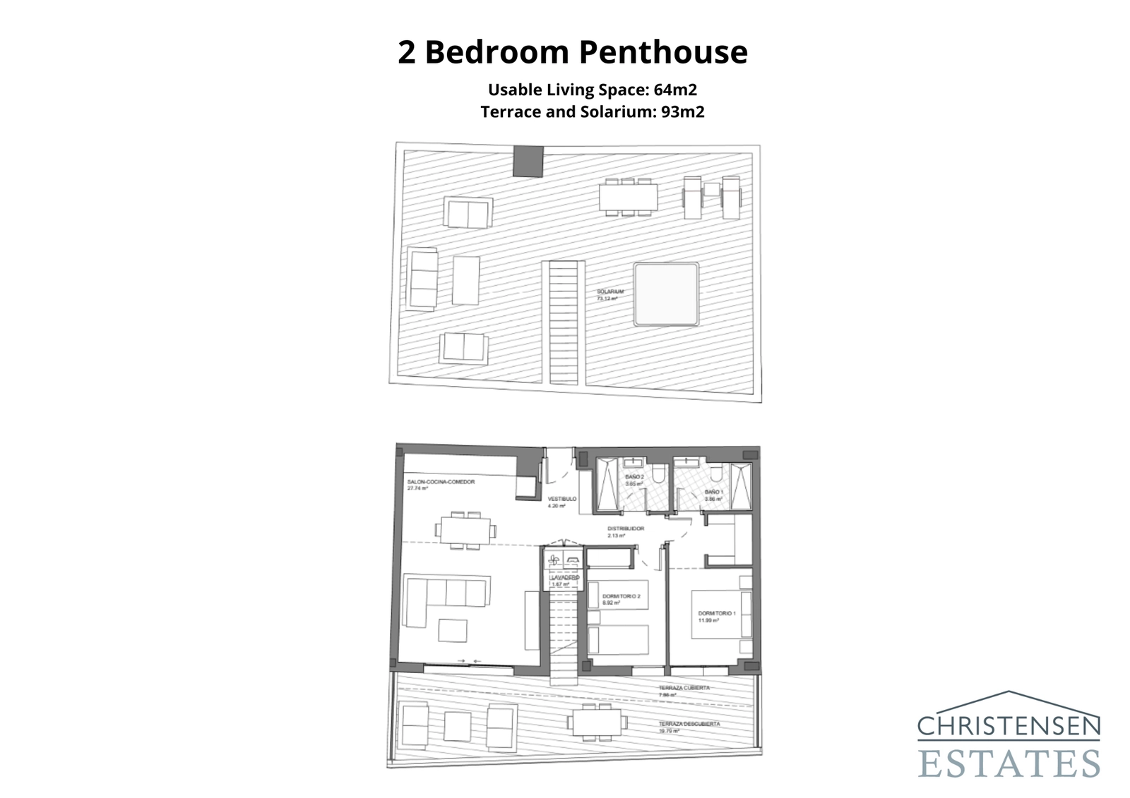 Der Grundriss für eine Dachgeschosswohnung mit zwei Schlafzimmern und einem privaten Dachsolarium, das einen exklusiven Bereich mit Panoramablick bietet.