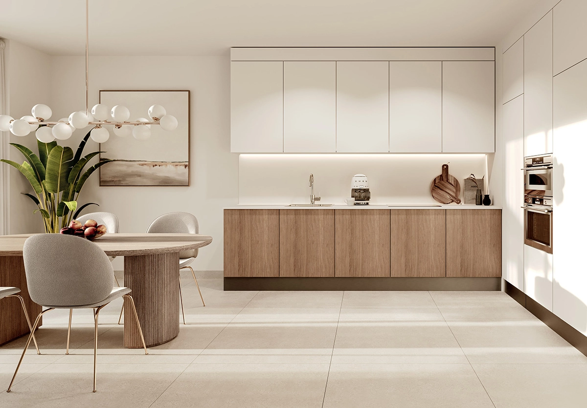 Schlanke, offene Küchen sind komplett mit hochwertigen Geräten und Oberflächen ausgestattet.