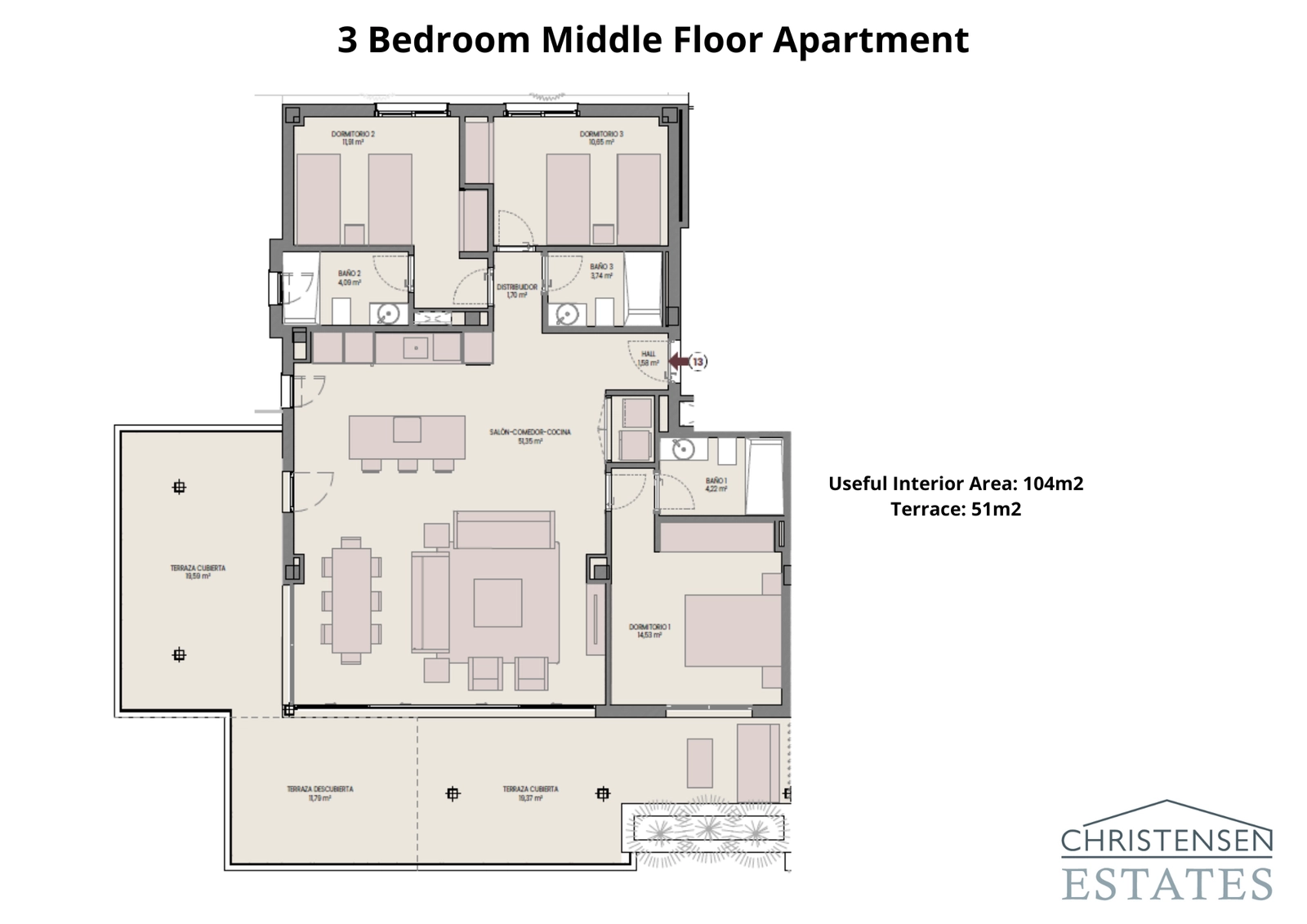 Der Grundriss dieser Dreizimmer-Wohnung im mittleren Stockwerk bietet einen offenen Wohnbereich und eine großzügige Terrasse, um die Aussicht und das Klima zu genießen.