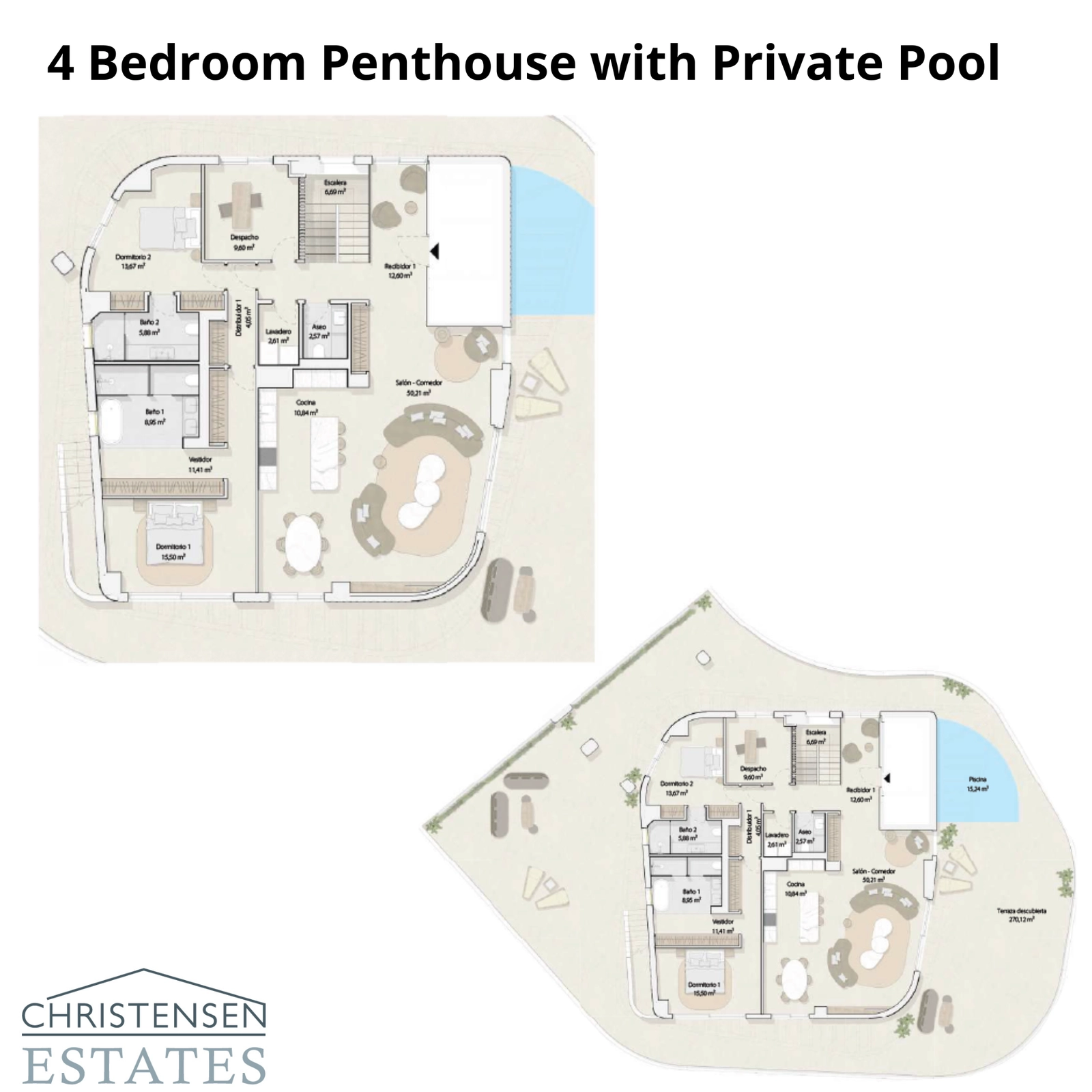 Der Grundriss einer spektakulären 4-Zimmer-Dachgeschosswohnung, die weitläufige Wohnbereiche und eine exklusive Dachterrasse mit privatem Pool zeigt.