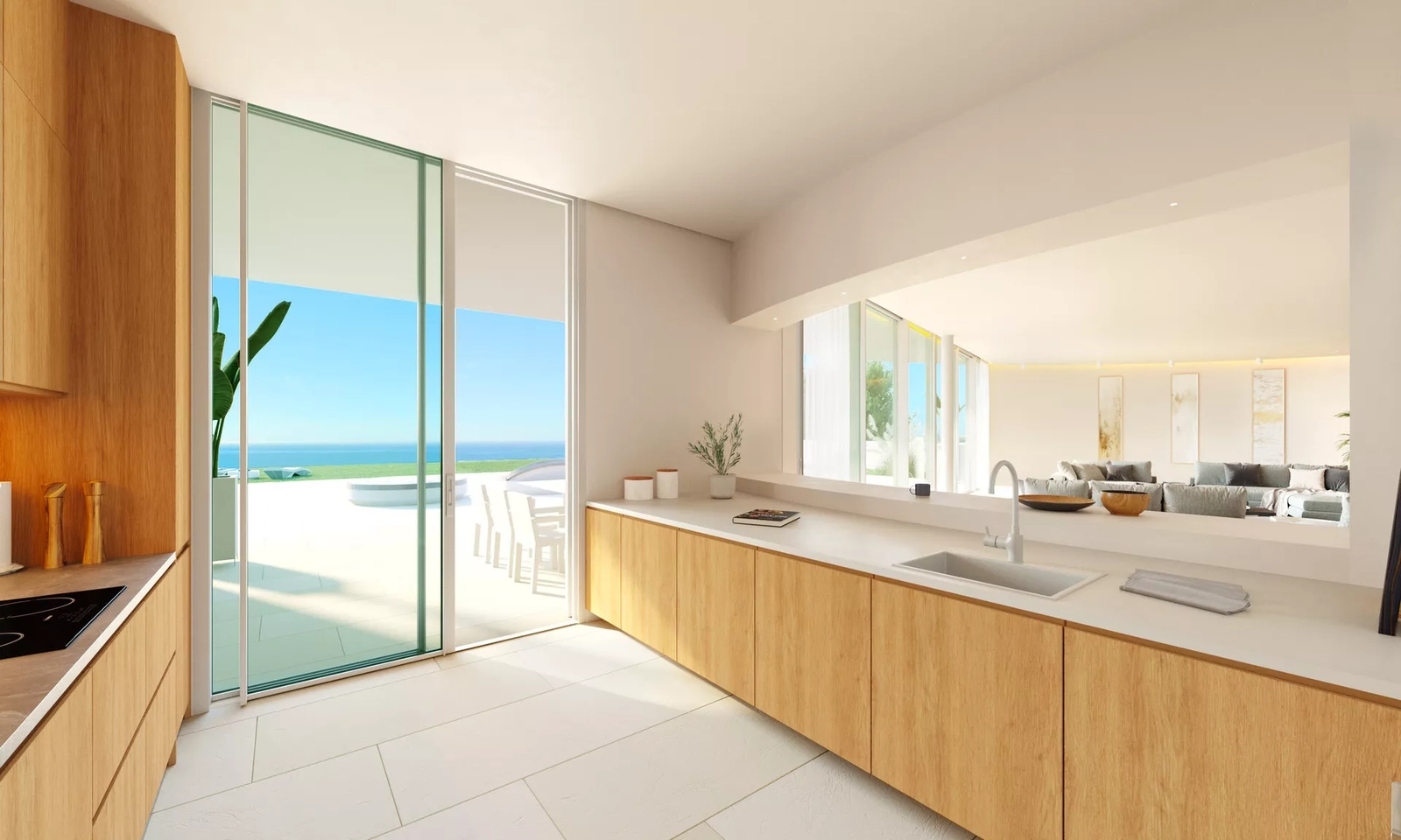 Eine moderne, voll ausgestattete Küche mit klaren Linien und natürlichen Materialien, die mit den Hauptwohnbereichen verbunden ist.