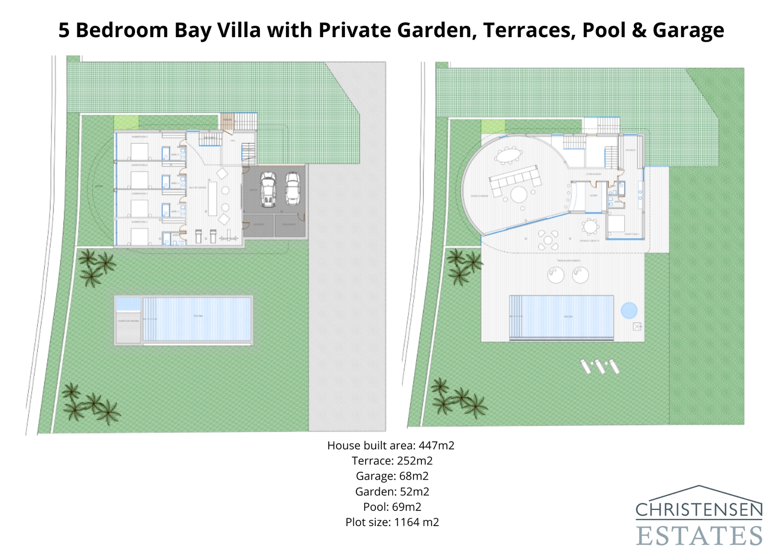 Dieser detaillierte Grundriss zeigt die intelligente Raumaufteilung der Villa mit fünf Schlafzimmern, die auf Komfort und einen nahtlosen Übergang zwischen den großzügigen Innenräumen, Terrassen und dem privaten Garten ausgelegt ist.
