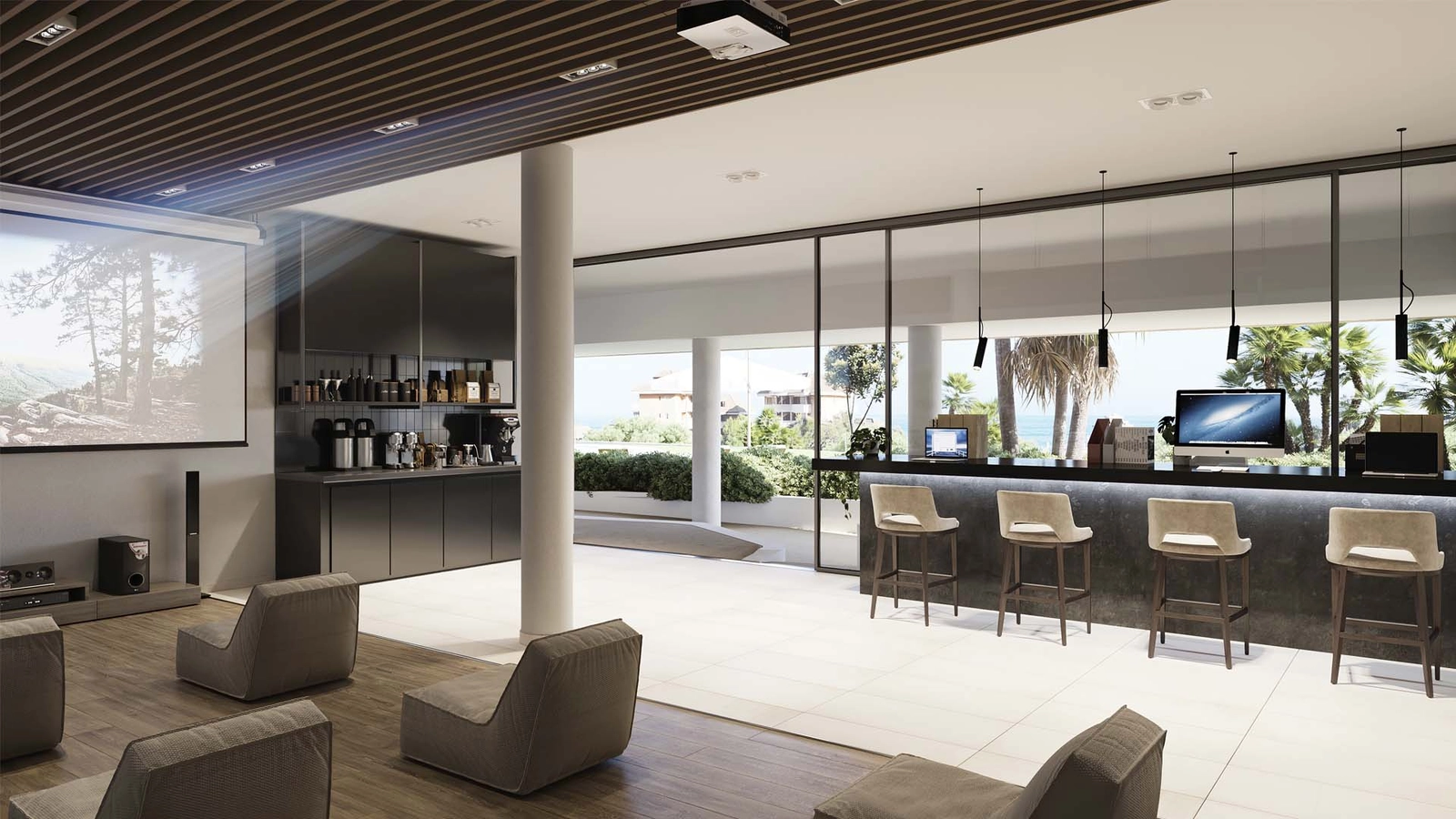 Eine stilvolle Co-Working- und Social-Lounge für Bewohner zum Vernetzen, Arbeiten und Entspannen.