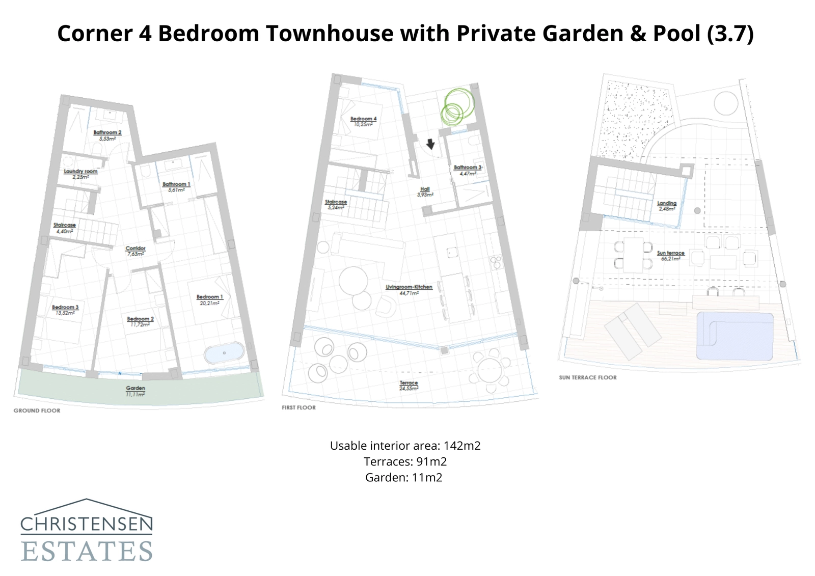 Der weitläufige Eckgrundriss mit 4 Schlafzimmern, der einen Garten, mehrere Terrassen und großzügige Innenbereiche für das Familienleben bietet.