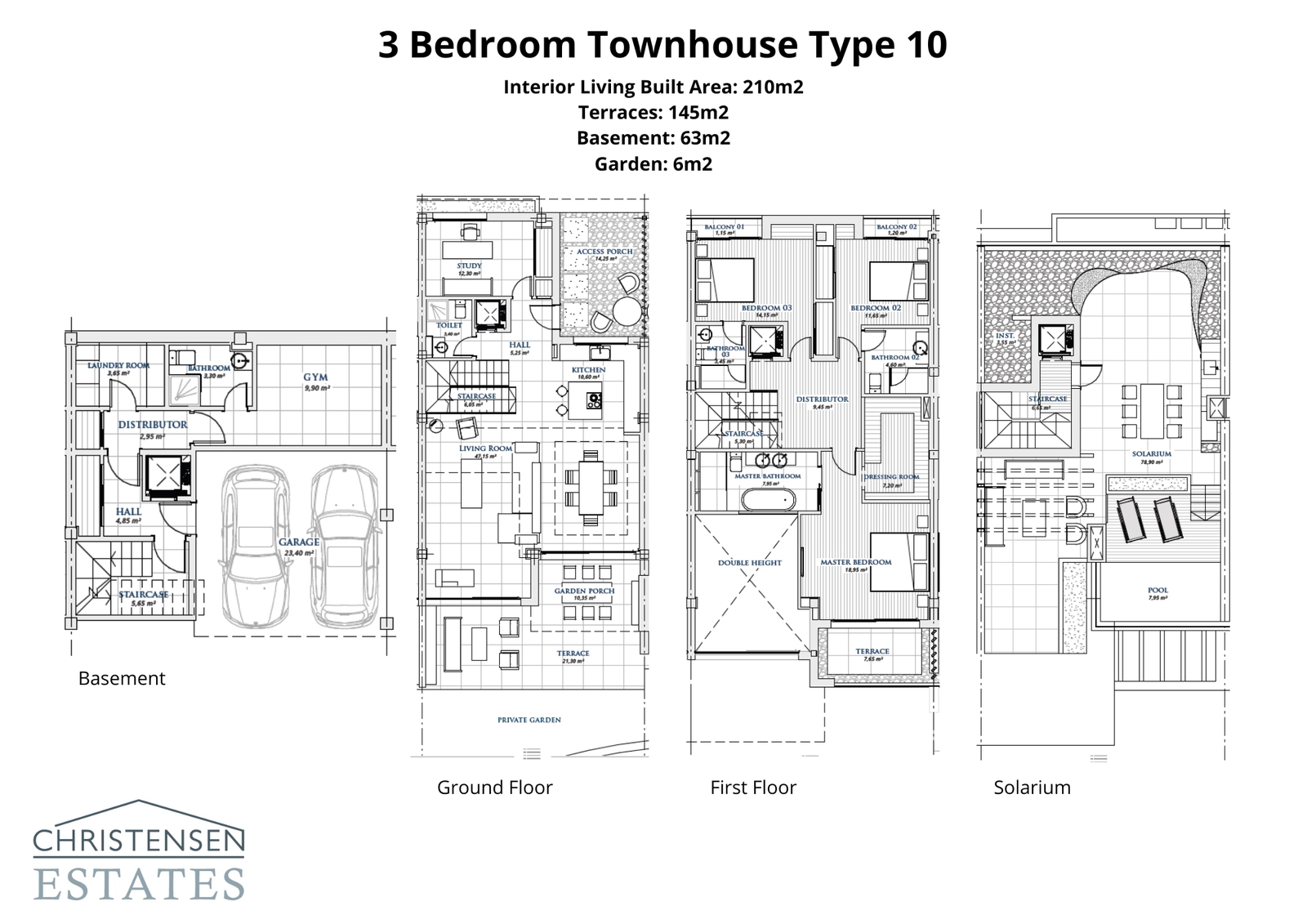Dieser durchdachte Grundriss zeigt die mehrstufige Aufteilung, einschließlich einer privaten Garage, eines Fitnessbereichs, eines offenen Wohnbereichs und eines Dachsolariums mit privatem Schwimmbad.
