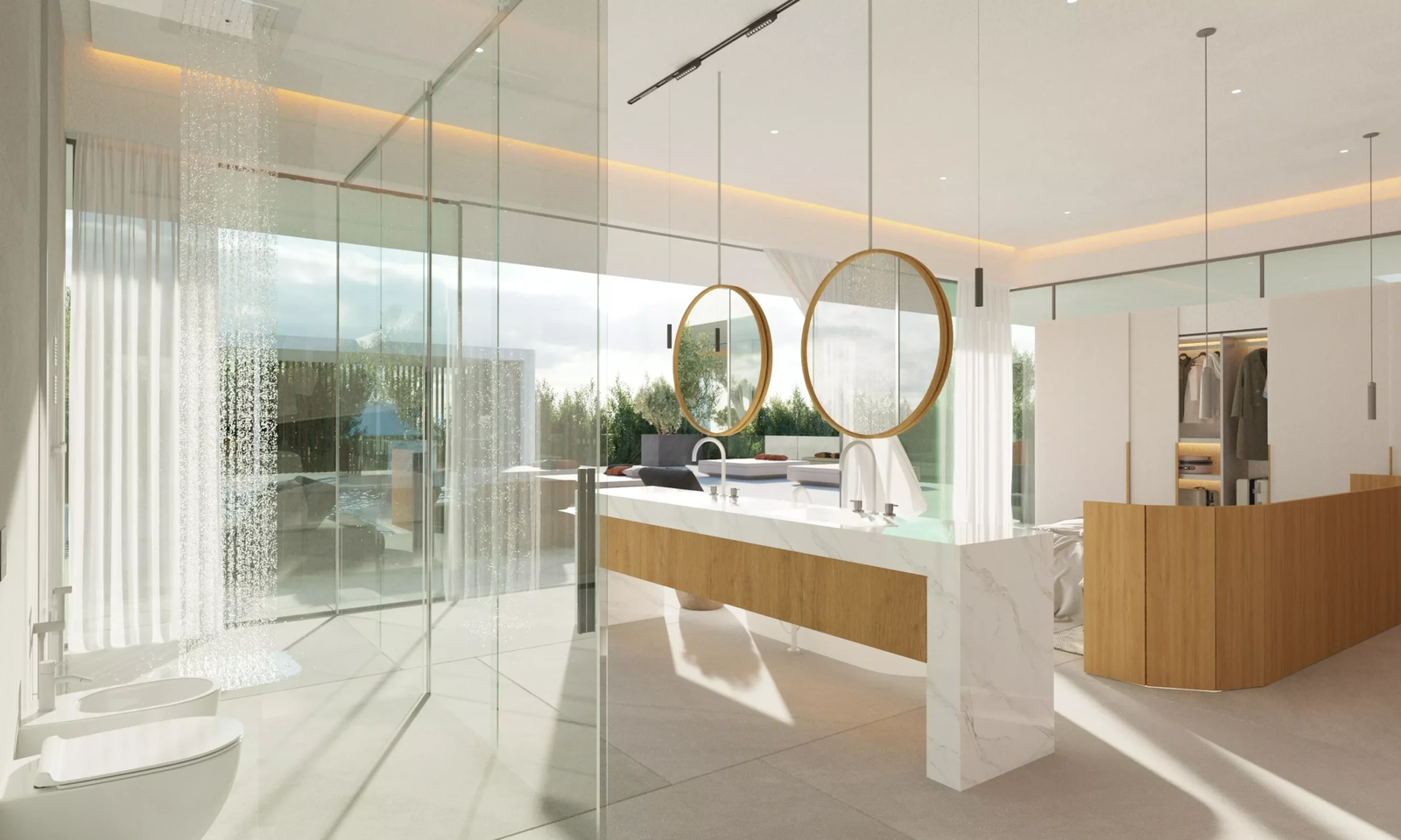 Ein luxuriöses Badezimmer mit ebenerdiger Dusche und direktem Blick auf die Außenterrasse.