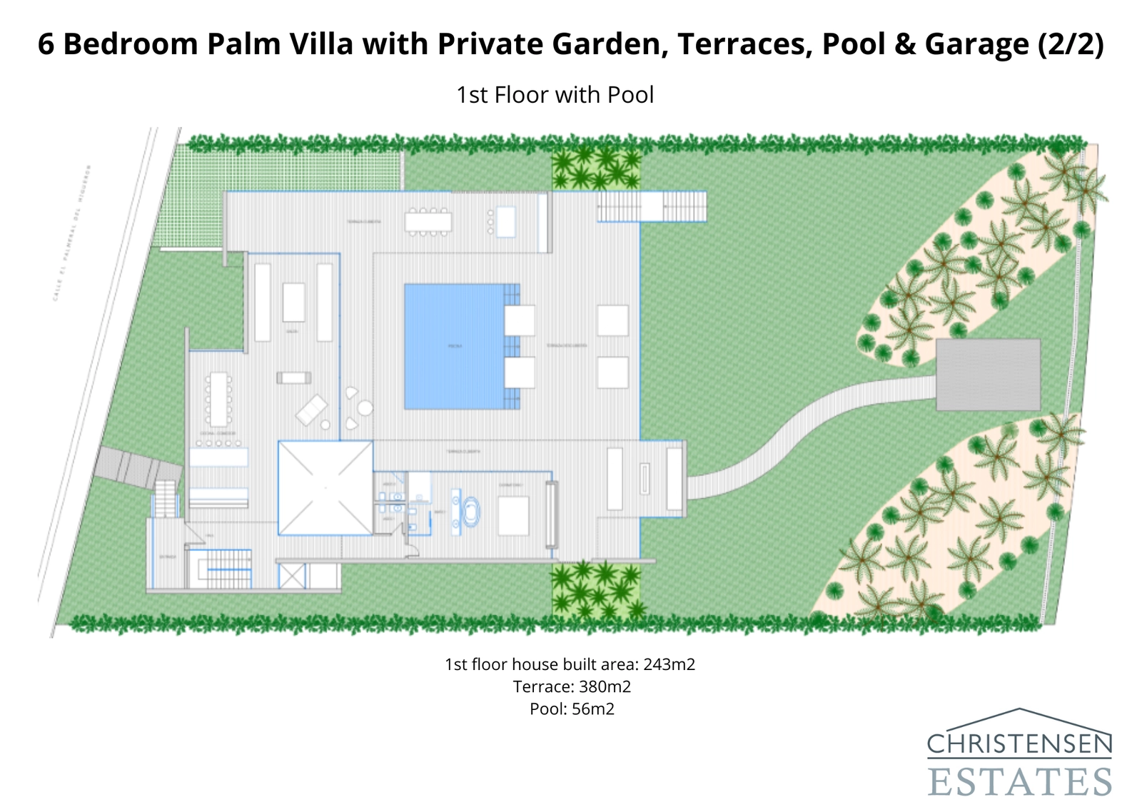 Grundriss des ersten Obergeschosses mit den Hauptwohnbereichen, der Master-Suite und einer weitläufigen Terrasse mit Pool, konzipiert für nahtloses Wohnen im Innen- und Außenbereich.