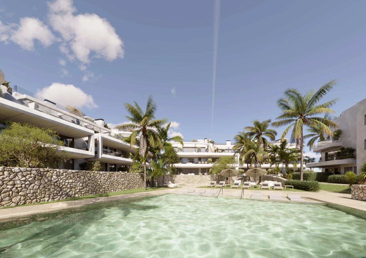 Das einladende Gemeinschafts-Schwimmbad ist von Landschaftsgärten umgeben und schafft eine private Oase für die Bewohner.