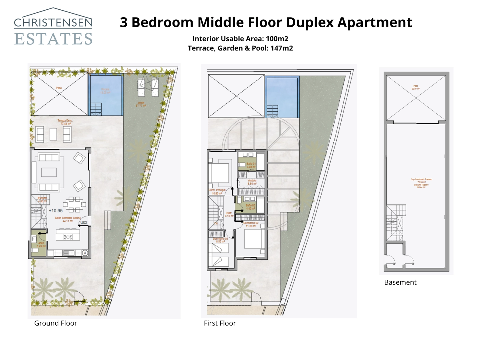 Dieser 3-Schlafzimmer-Maisonette-Grundriss bietet 100 m² Wohnfläche auf zwei Etagen sowie einen Keller. Er umfasst eine riesige 147 m² große Außenfläche mit einem privaten Garten und Pool.