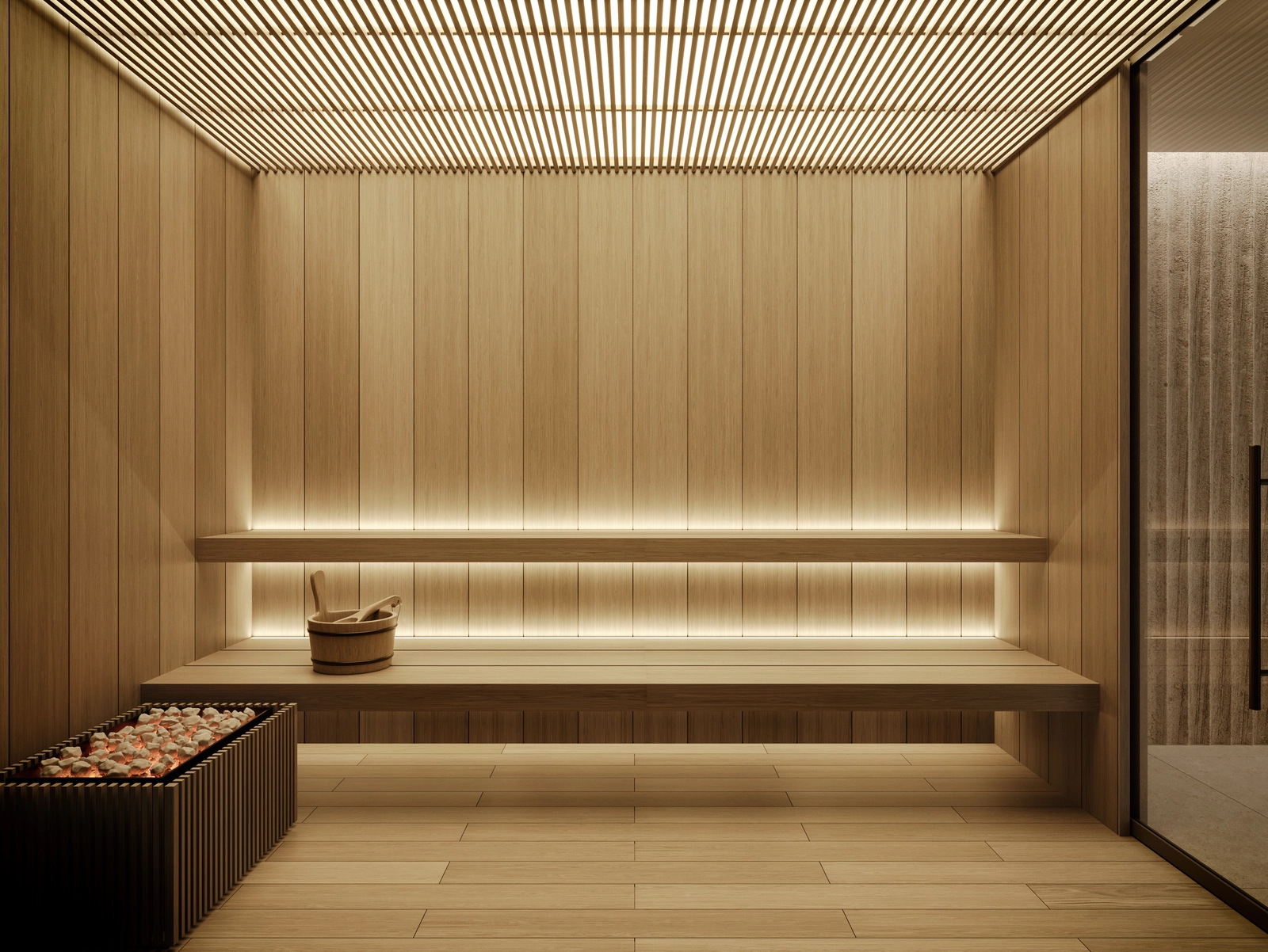 Eine ruhige Sauna bietet den perfekten Ort zum Entspannen und Regenerieren.