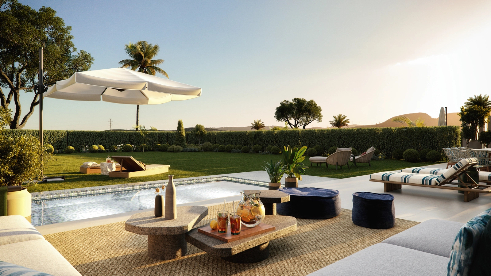 Ausgewählte Erdgeschosswohnungen verfügen über private Gärten und Schwimmbäder für ultimative Entspannung.