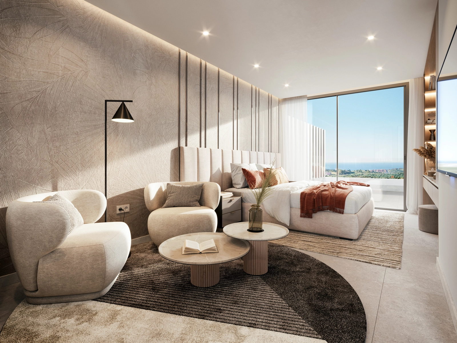 Erwachen Sie mit atemberaubendem Meerblick im Komfort Ihres eleganten Hauptschlafzimmers.