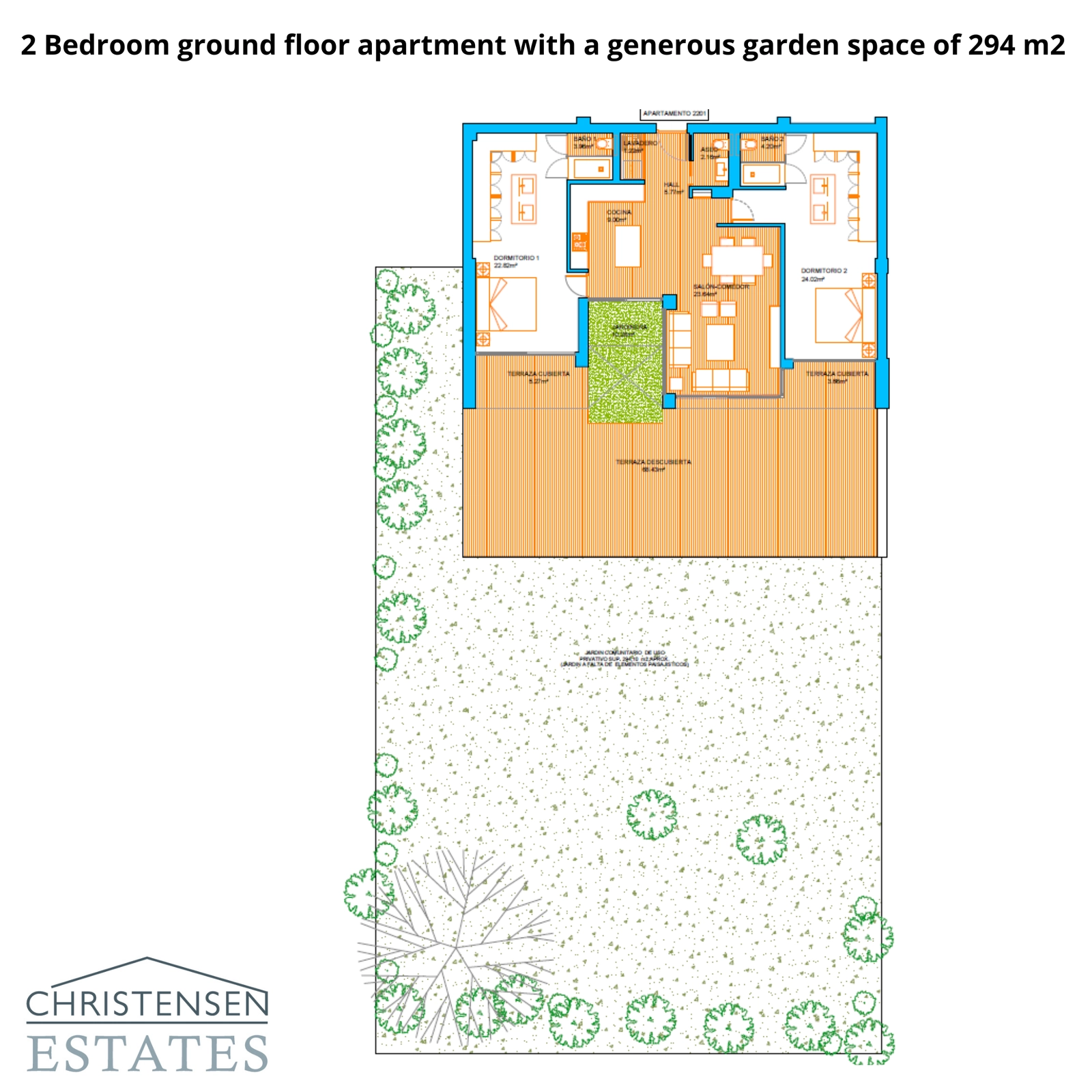 Grundriss einer Zweizimmer-Erdgeschosswohnung mit einem weitläufigen privaten Garten von 294 m², ideal für nahtloses Wohnen im Innen- und Außenbereich.