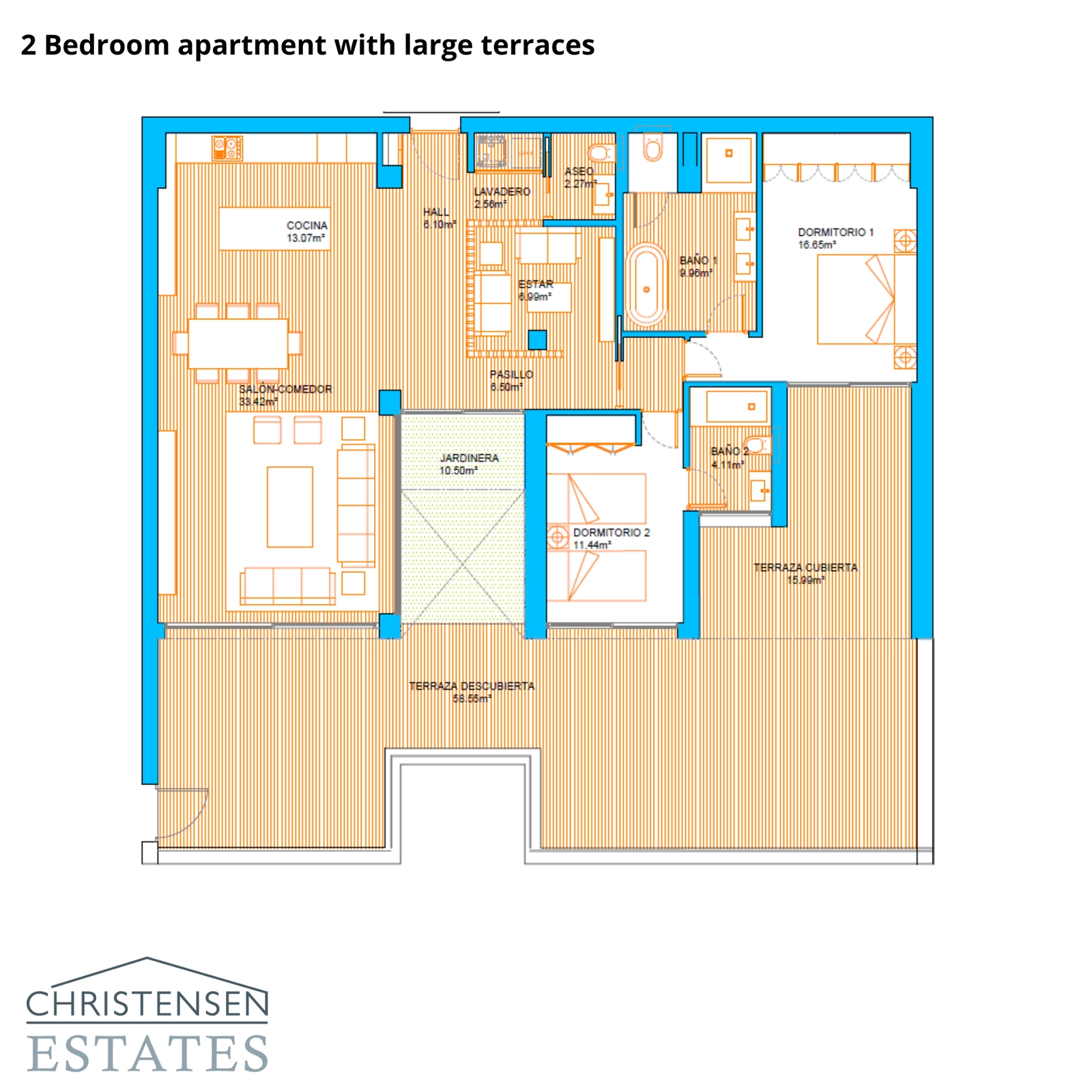 Dieser Grundriss mit zwei Schlafzimmern ist auf Komfort ausgelegt und bietet geräumige Wohnbereiche und große Terrassen, um das Klima der Costa del Sol zu genießen.