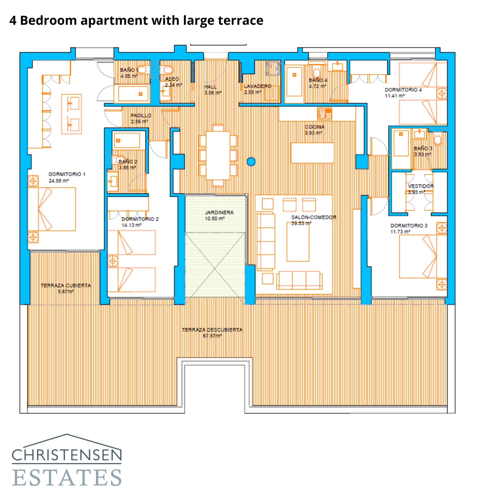 Der Grundriss mit vier Schlafzimmern bietet reichlich Platz für das Familienleben, mit einer intelligenten Aufteilung, die Licht und Privatsphäre maximiert.