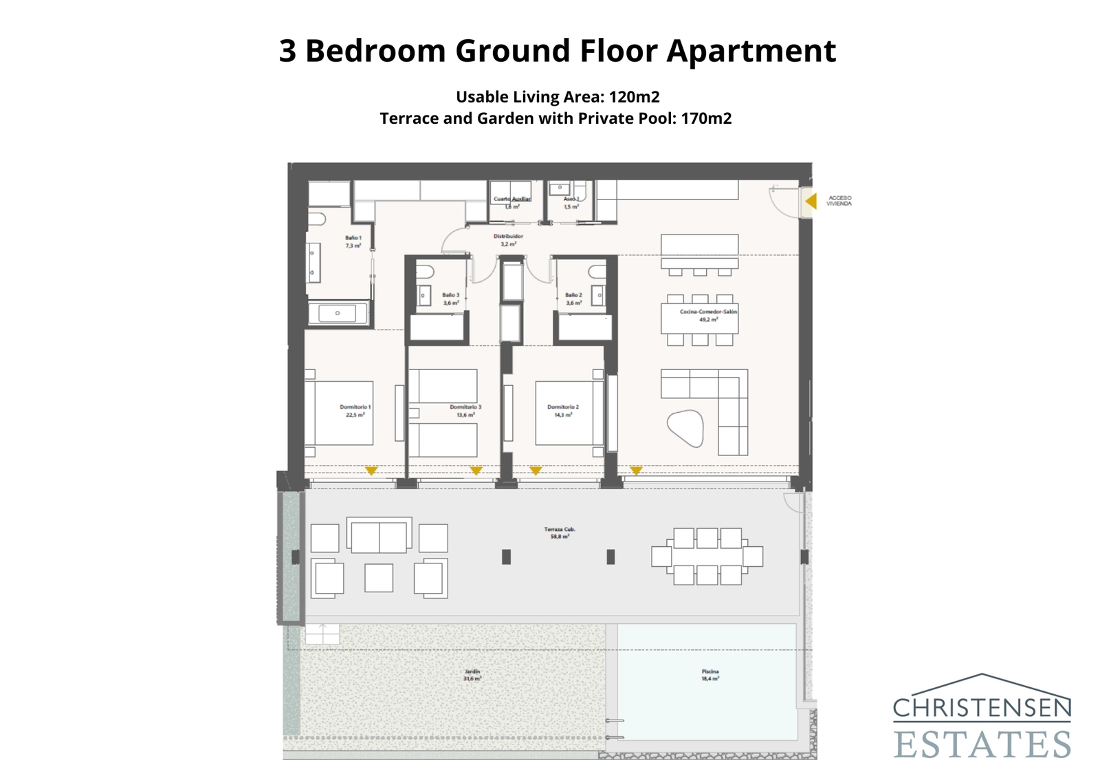 Dieser Grundriss einer Drei-Schlafzimmer-Erdgeschosswohnung zeigt einen nahtlosen Übergang vom geräumigen Innenbereich zu einer großen Terrasse, einem Garten und einem privaten Pool.