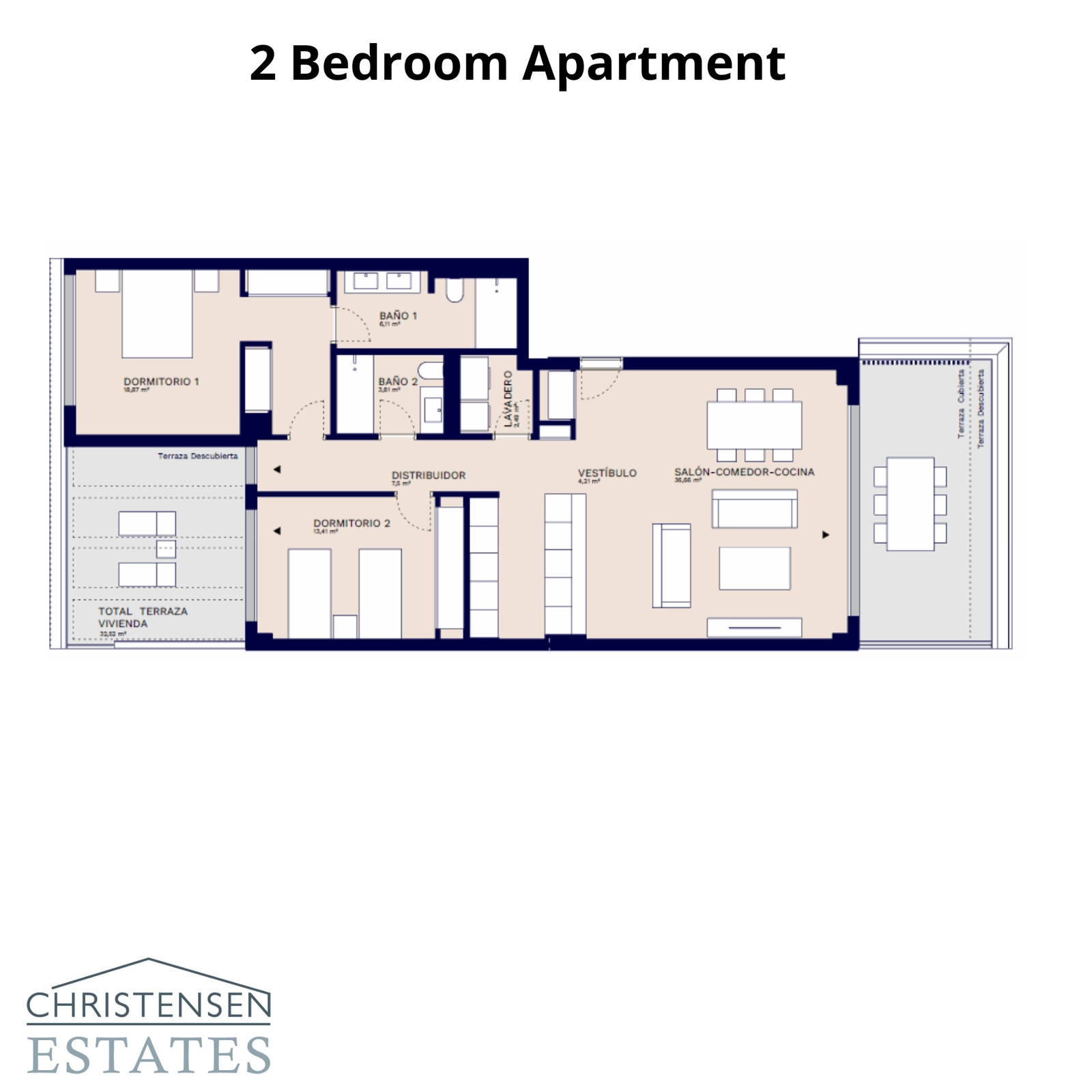 Dieser Grundriss zeigt eine Zwei-Schlafzimmer-Wohnung, die für Komfort mit einer großzügigen Terrasse entworfen wurde.