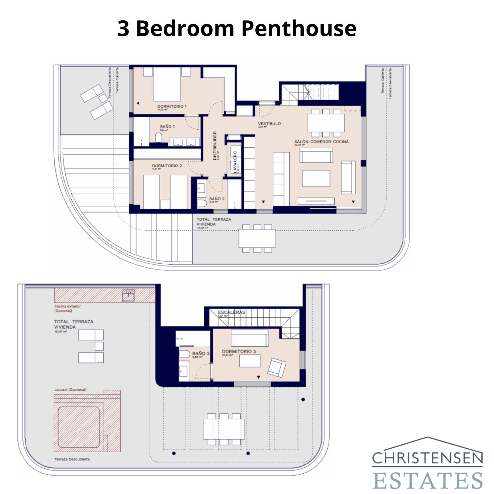 Grundriss für ein Drei-Schlafzimmer-Penthouse, das mehrere Terrassen und großzügige Wohnbereiche auf zwei Ebenen bietet.