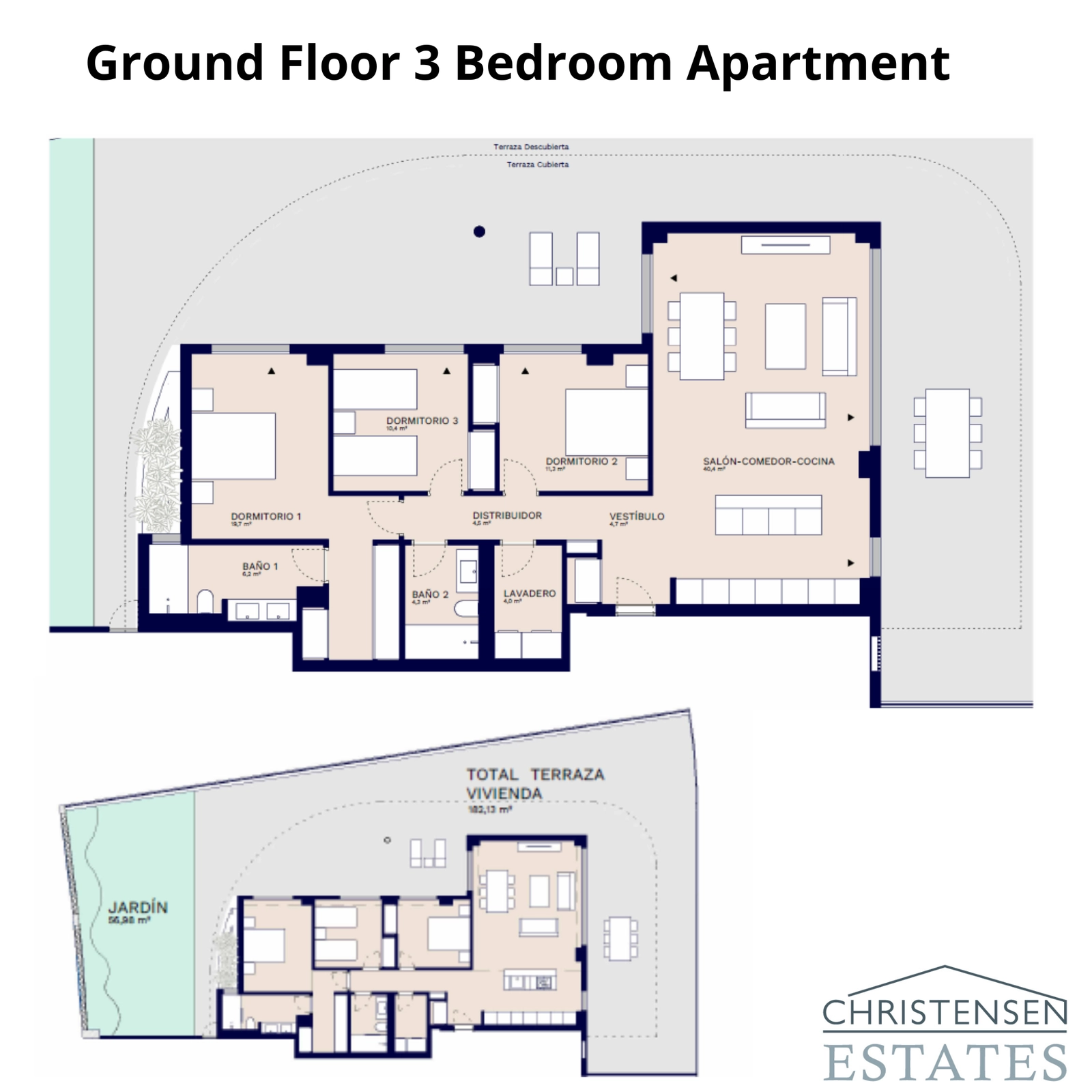 Ein Grundriss einer Drei-Schlafzimmer-Erdgeschosswohnung, der den großen privaten Garten und die überdachte Terrasse hervorhebt.