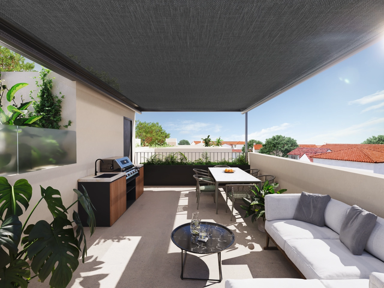 Die großzügige Sonnenterrasse ist perfekt für Mahlzeiten im Freien und um Gäste zu empfangen.