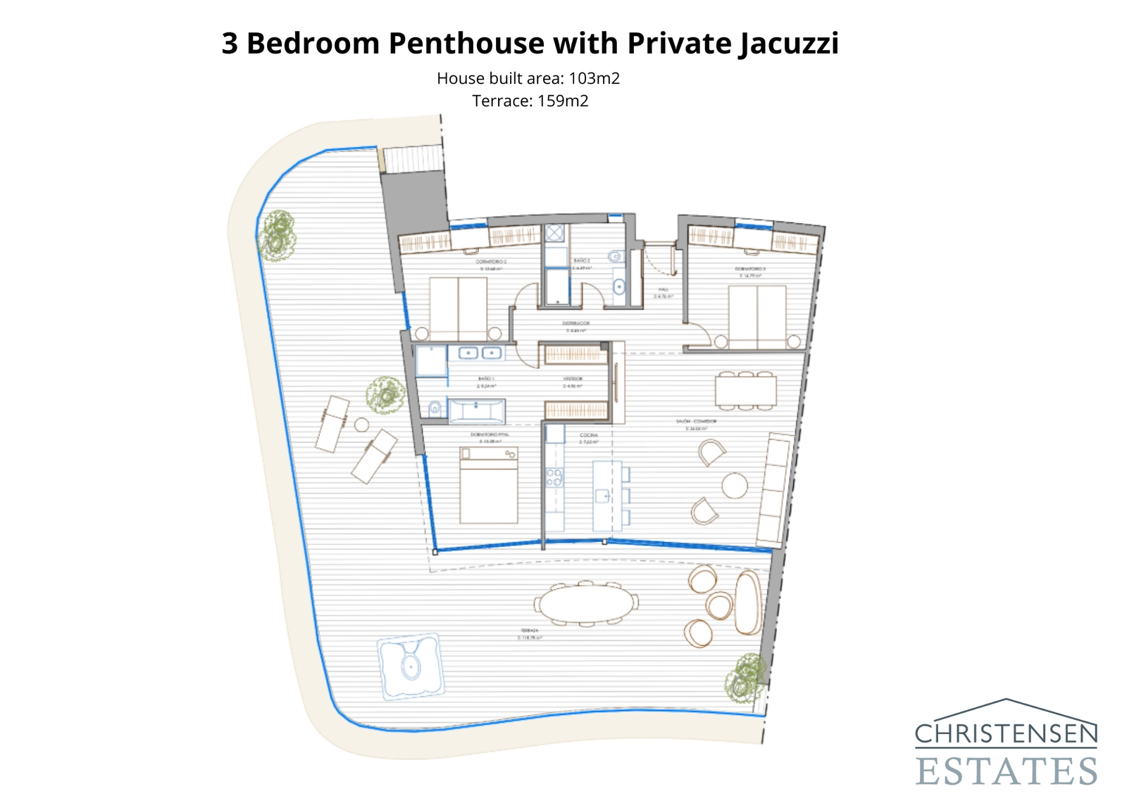 Der weitläufige Grundriss der 3-Zimmer-Dachgeschosswohnung zeigt eine riesige umlaufende Terrasse mit privatem Jacuzzi, konzipiert für ultimativen Luxus und Privatsphäre.