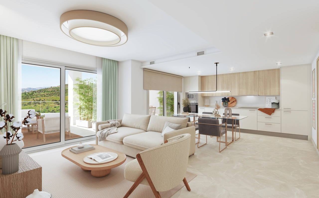 Der helle und geräumige offene Wohnbereich, der nahtlos mit der Terrasse verbunden ist und so ein perfektes Wohngefühl im Innen- und Außenbereich schafft.