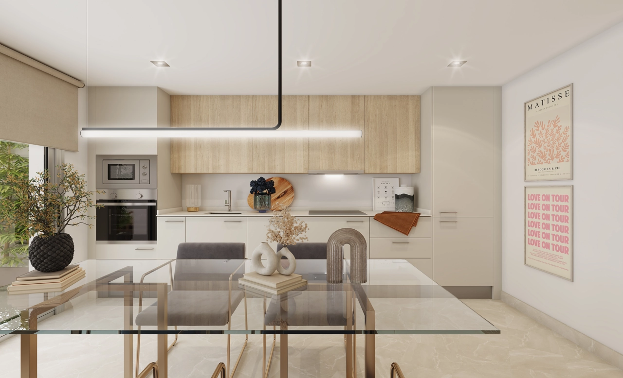 Eine moderne, voll ausgestattete Küche mit hochwertigen Geräten, konzipiert für Funktionalität und Stil.