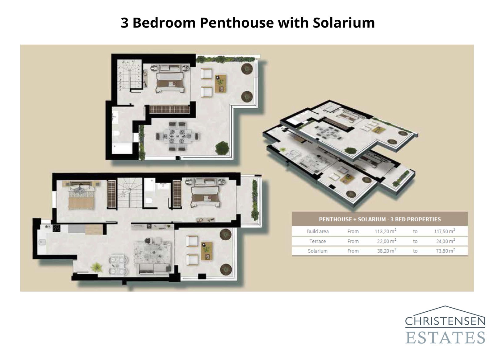 Penthouse mit drei Schlafzimmern und Solarium: Das geräumigste Zuhause, das drei komfortable Schlafzimmer und ein herrliches privates Solarium mit Panoramablick bietet.