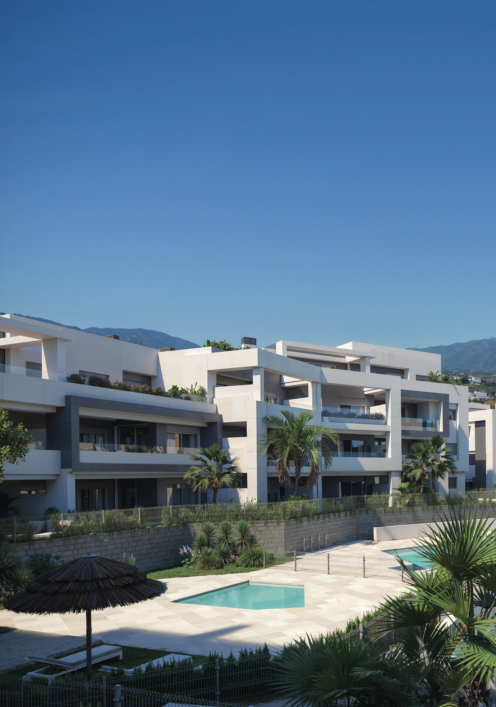 Ein Blick auf die eleganten Wohngebäude, umgeben von üppigem Grün.