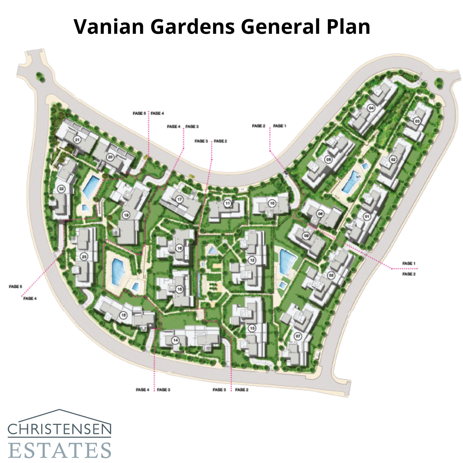 Eine Übersicht des Bebauungsplans, der die weitläufigen Grünflächen, Schwimmbäder und die Positionierung der Wohngebäude zeigt.