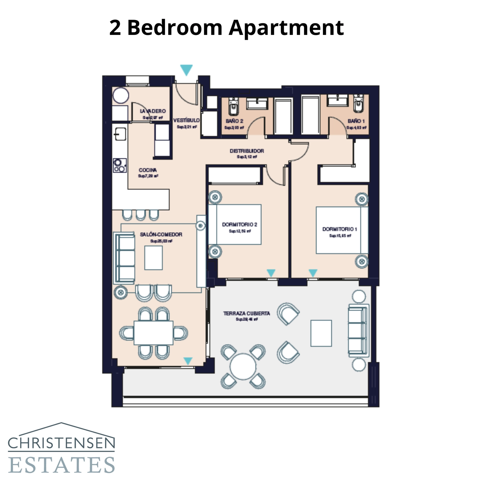 Dieser Grundriss mit zwei Schlafzimmern besticht durch ein intelligentes Design mit offenem Wohnbereich, zwei Badezimmern und einer großen überdachten Terrasse, um das Klima zu genießen.