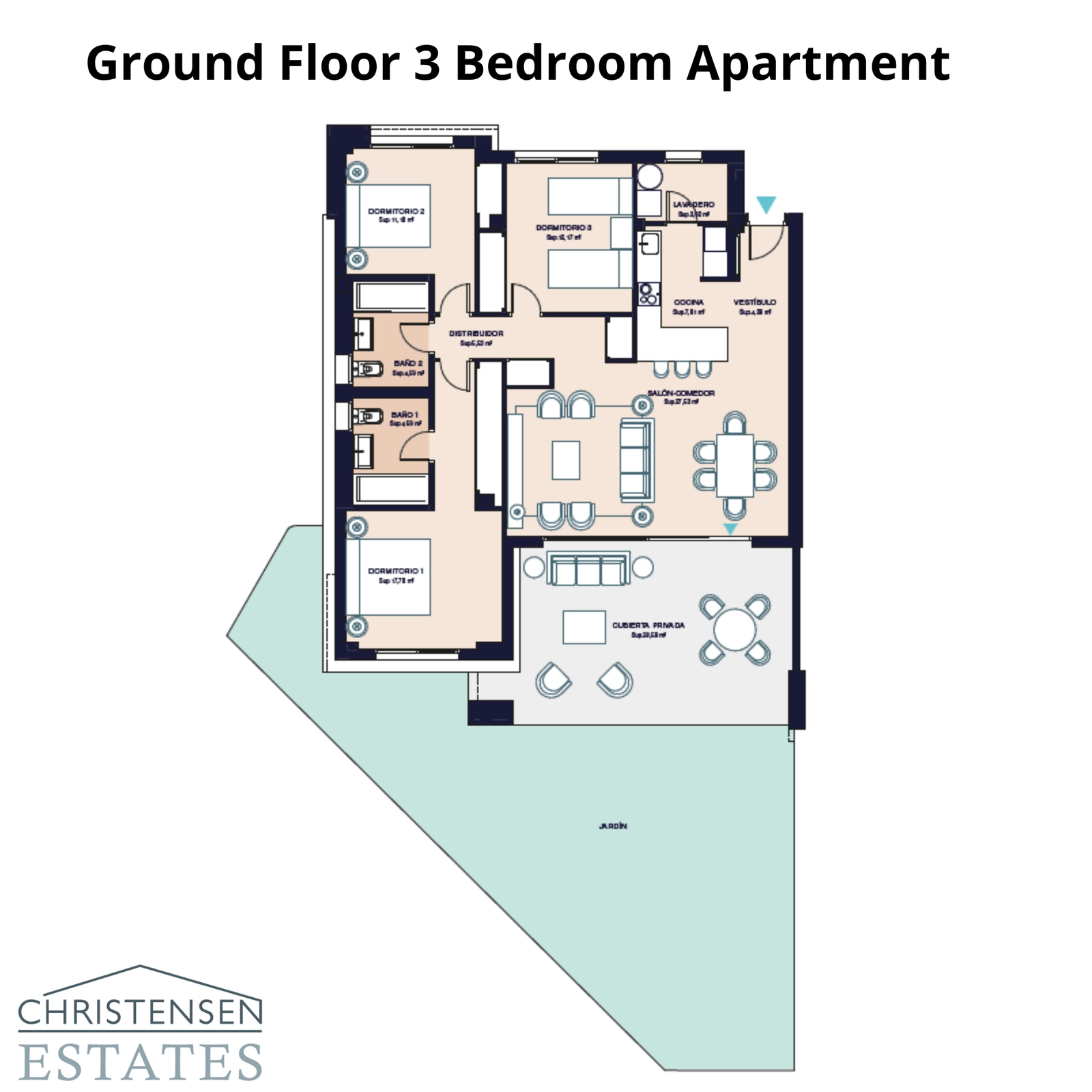 Eine geräumige Erdgeschosswohnung mit drei Schlafzimmern und einem großzügigen privaten Garten, die einen idealen Raum für Familien und das Leben im Freien schafft.