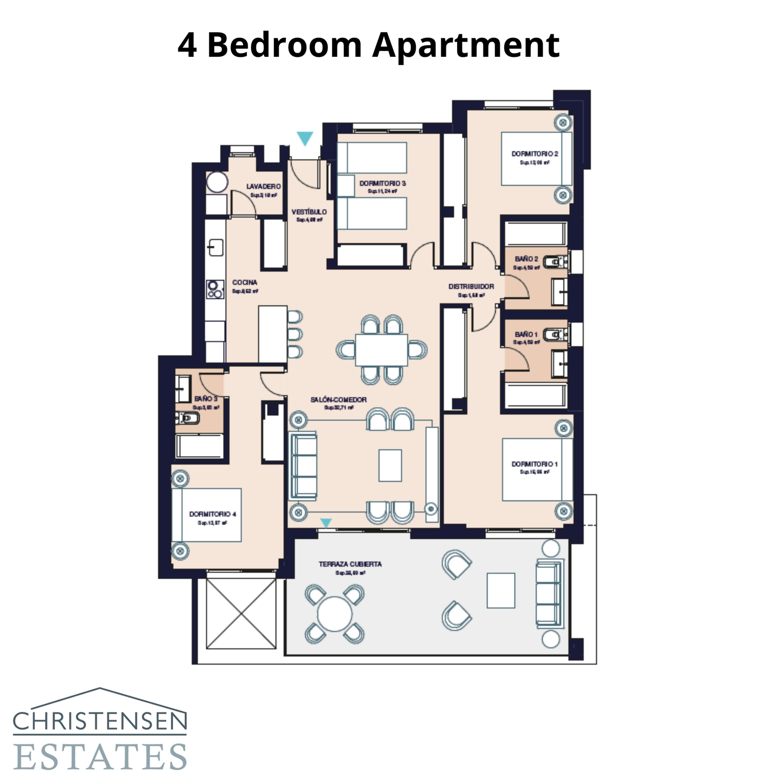 Die Vierzimmerwohnung bietet viel Platz für Familie und Gäste, mit einem funktionalen Grundriss, der Wohn- und Schlafbereiche für Privatsphäre und Komfort trennt.