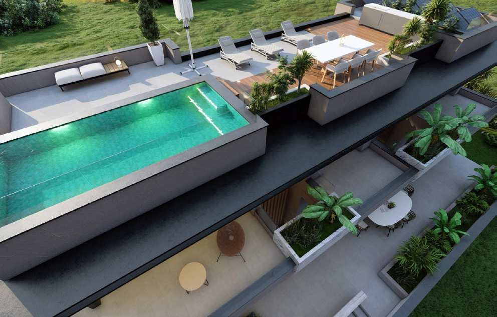 Das Dachsolarium verfügt über einen weiteren Pool und reichlich Platz zum Essen, für Unterhaltung oder einfach zum Sonnenbaden.