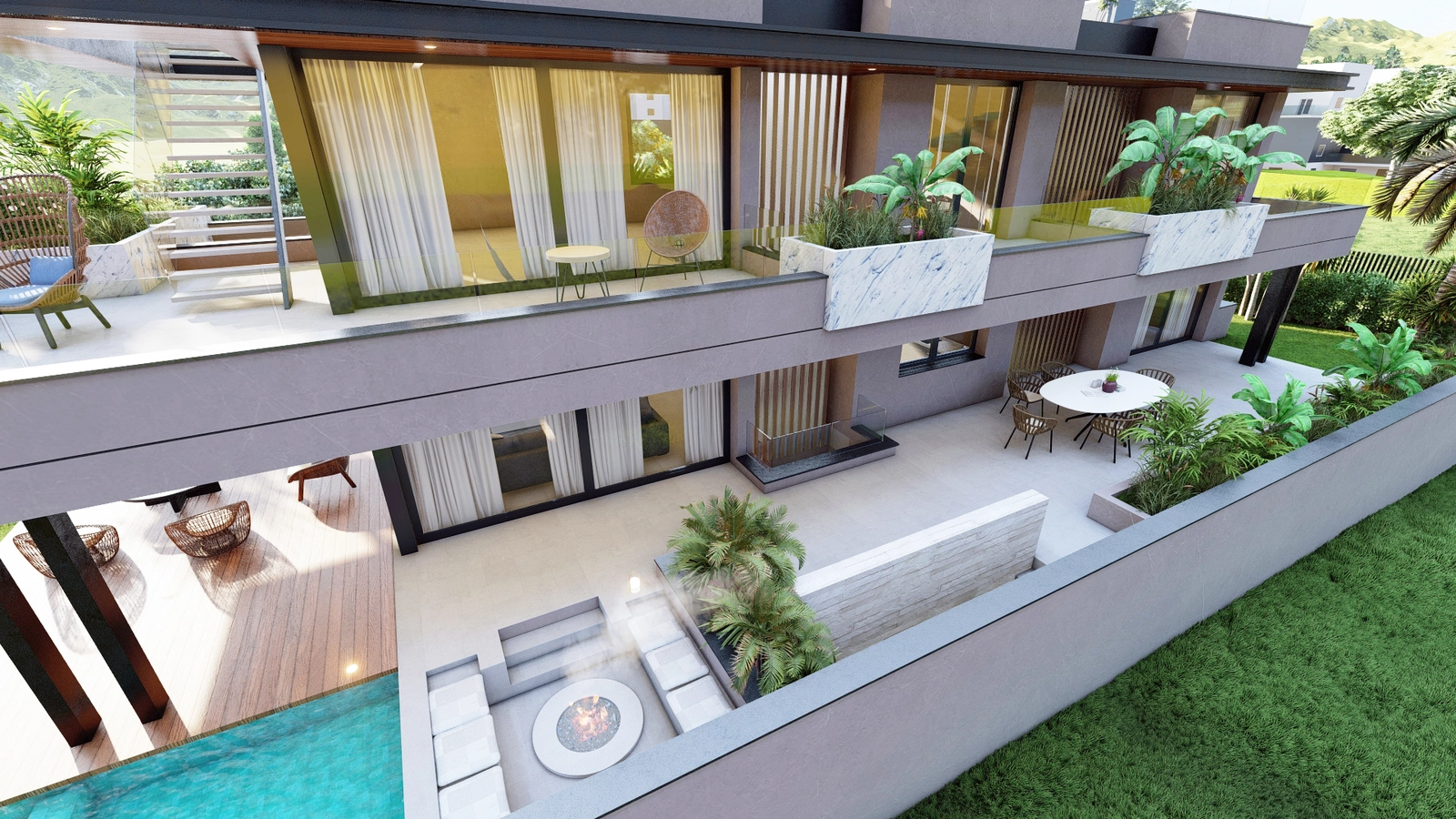 Mehrere Terrassen auf verschiedenen Ebenen bieten vielseitige Außenbereiche für jeden Anlass, von ruhigen Morgenstunden bis hin zu lebhaften Zusammenkünften.