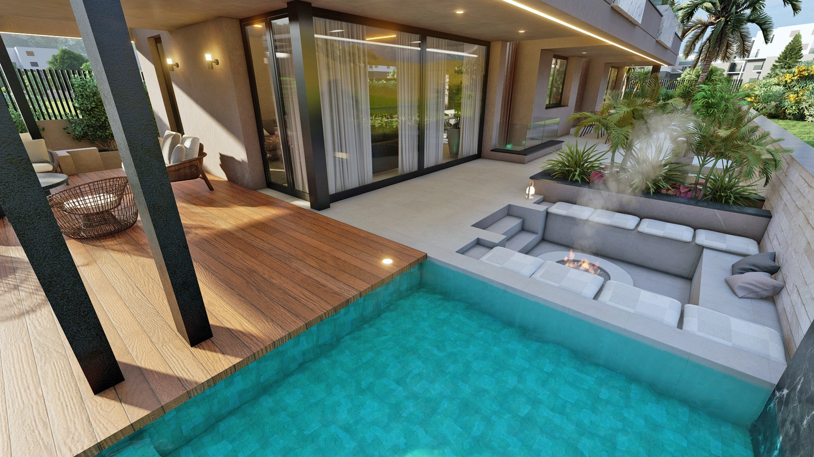 Eine einladende abgesenkte Lounge mit Feuerstelle, perfekt für gesellige Abende mit Freunden und Familie.