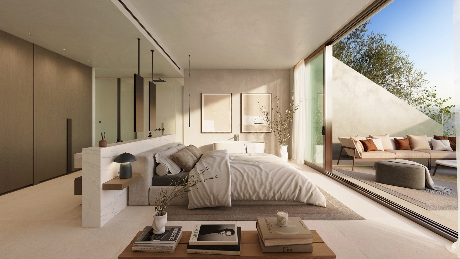 Das Hauptschlafzimmer ist ein Refugium der Ruhe, mit einem offenen Badezimmer und direktem Zugang zu einer privaten Terrasse.