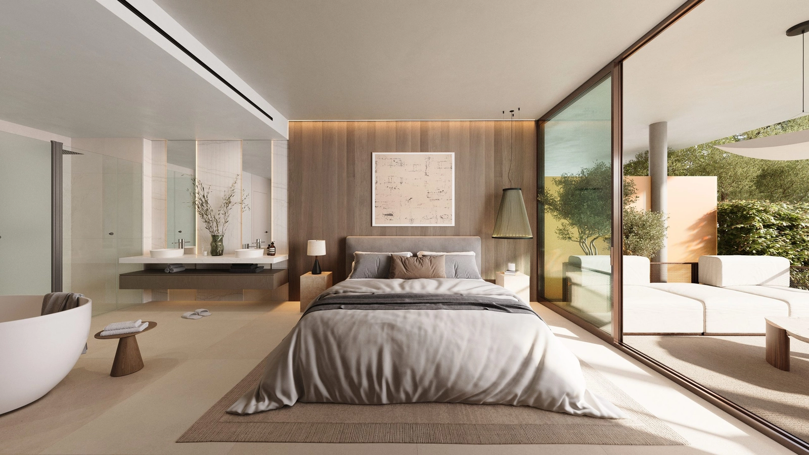 Elegant gestaltetes Hauptschlafzimmer, das sich mit einem luxuriösen Badezimmerbereich verbindet und eine private und entspannende Atmosphäre schafft.