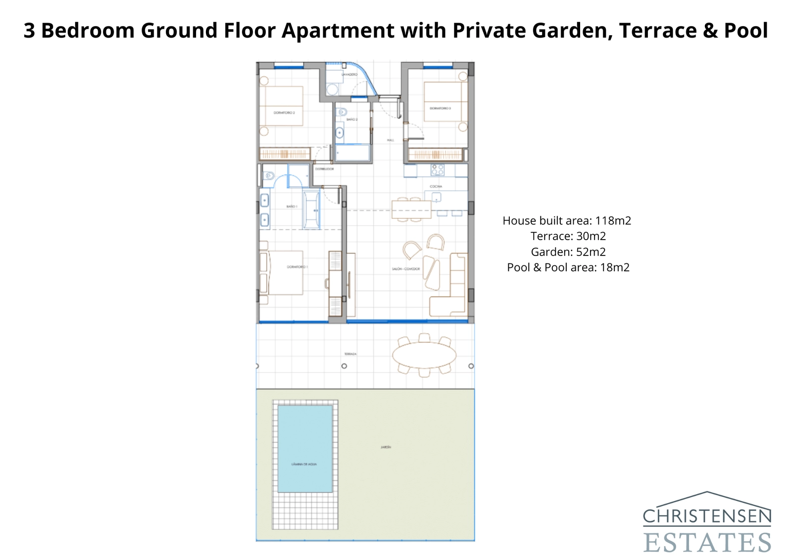 Grundriss einer Dreizimmer-Erdgeschosswohnung, konzipiert, um geräumige Innenräume mit einer großzügigen Terrasse, privatem Garten und Pool zu verbinden.