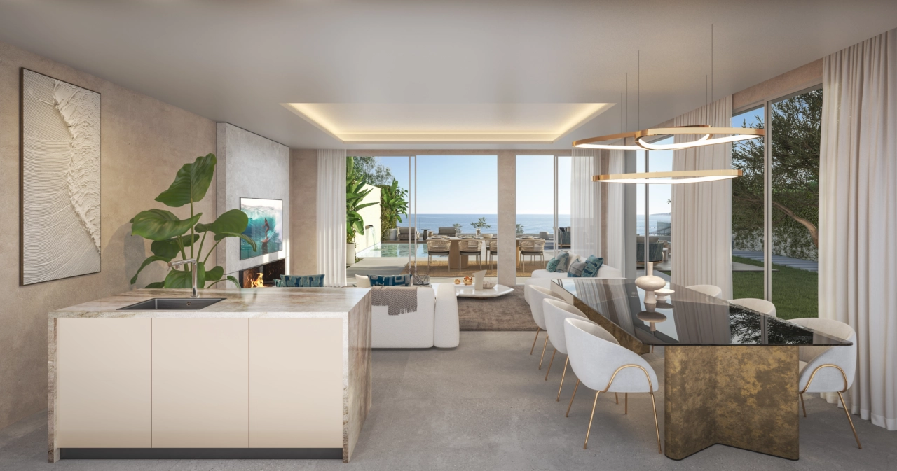 Ein offener Wohnbereich, der nahtlos mit dem Außenbereich und dem Meer verbunden ist.