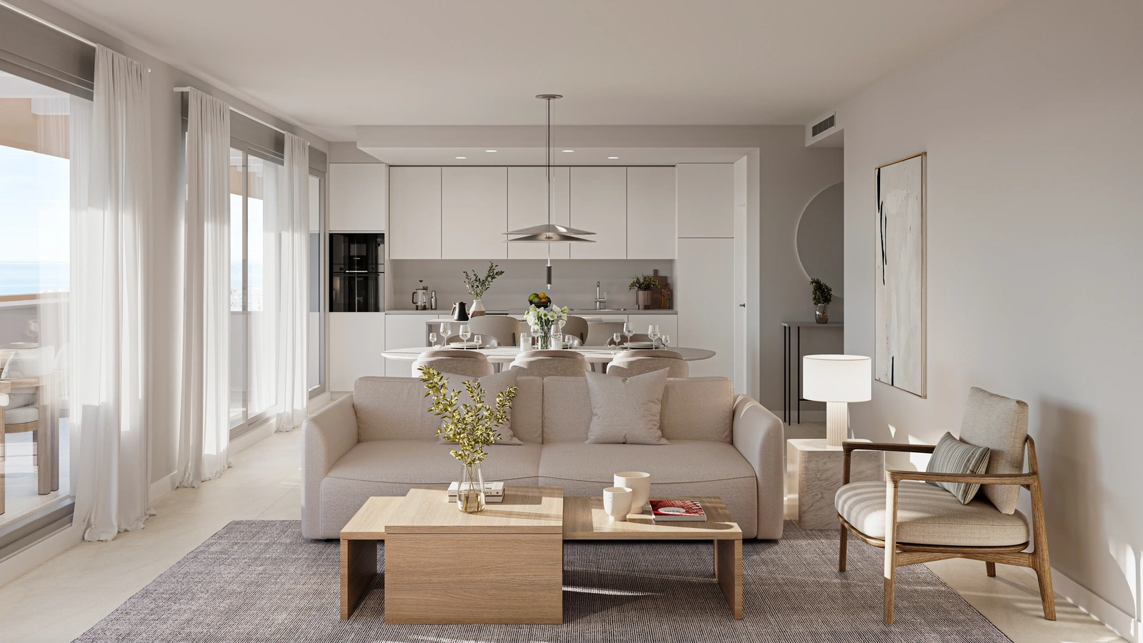 Heller und großzügiger offener Wohnbereich, der nahtlos nach draußen übergeht.