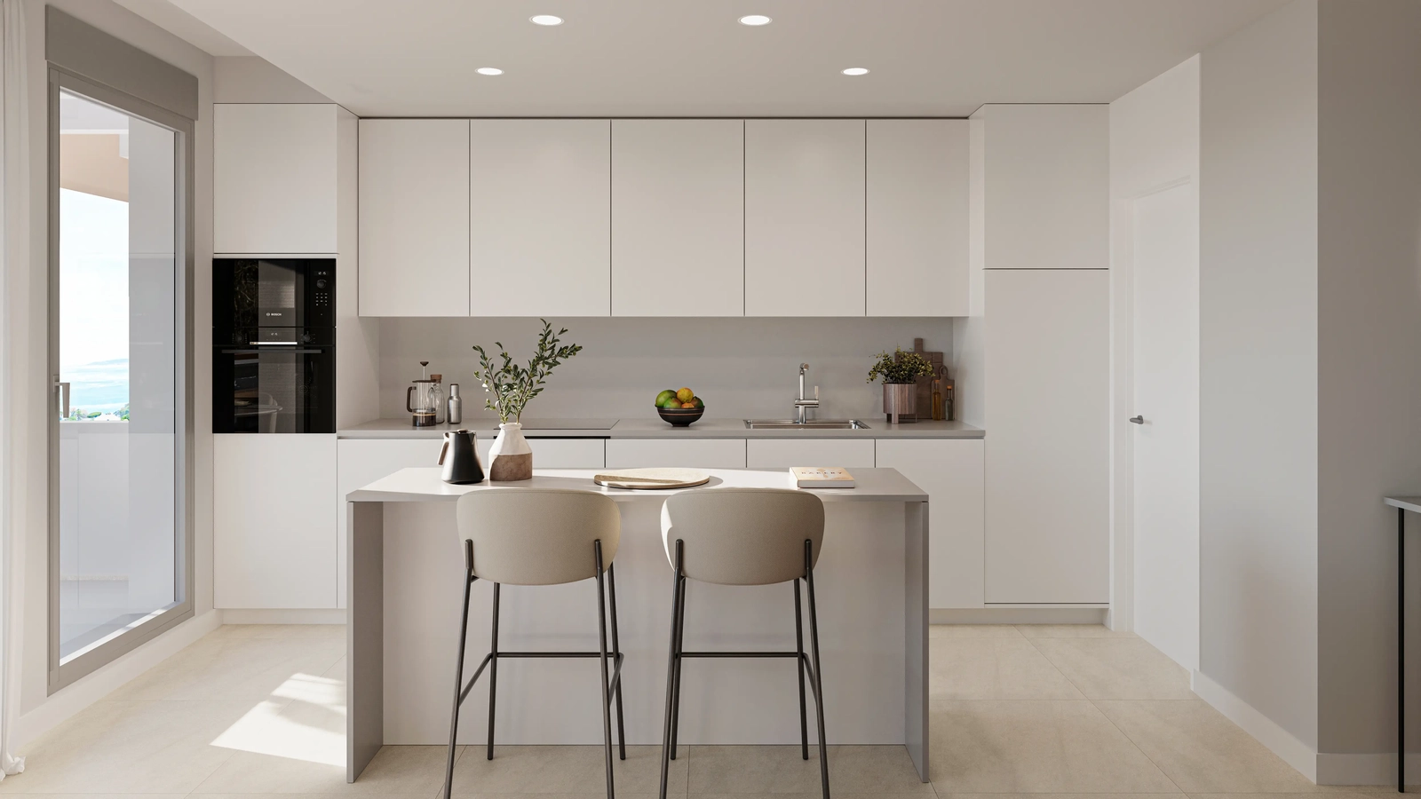 Moderne Küche mit hochwertigen Geräten und einer praktischen Insel für zwanglose Mahlzeiten.