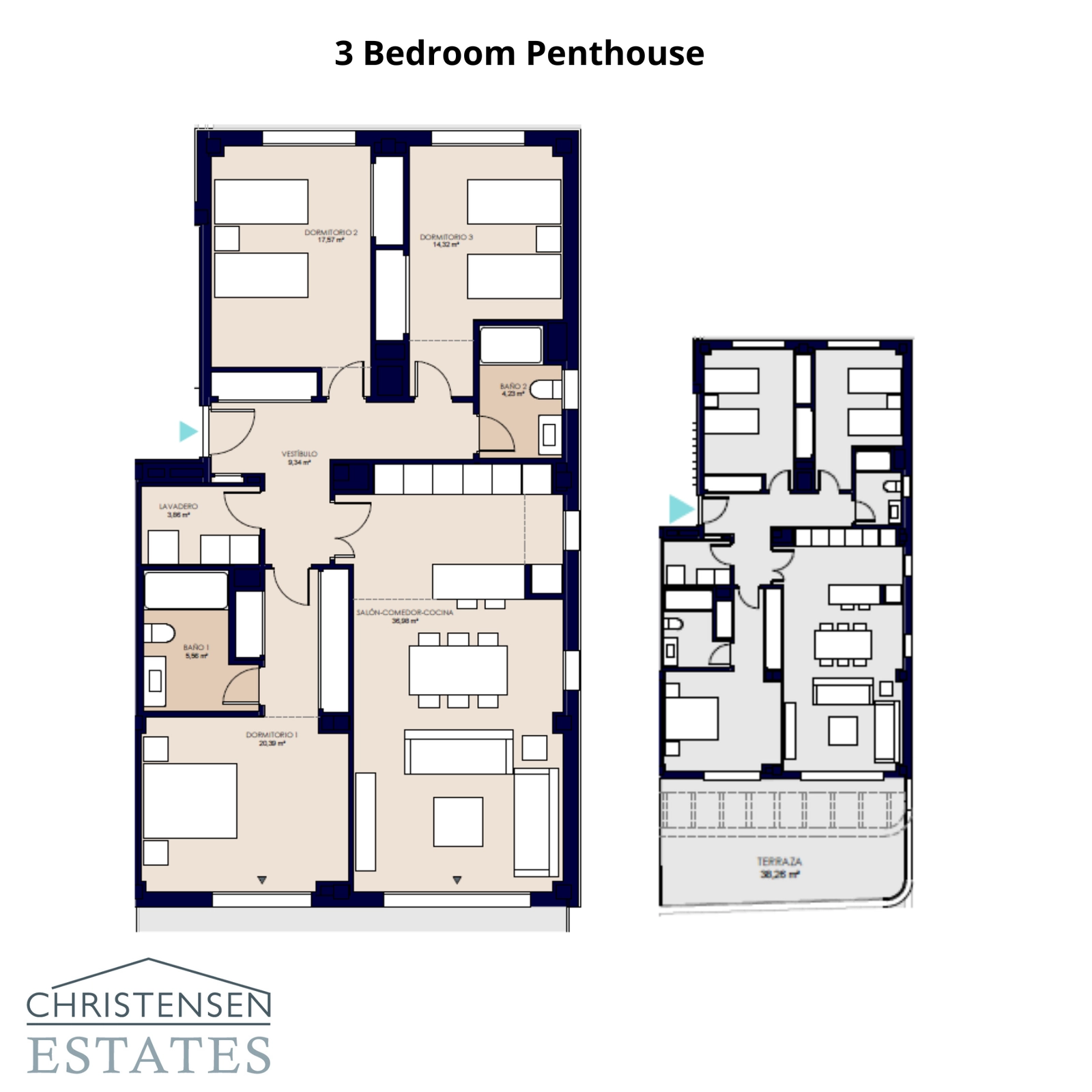 Der Grundriss einer Drei-Schlafzimmer-Dachgeschosswohnung, der den weitläufigen Wohnbereich und die Terrasse hervorhebt.